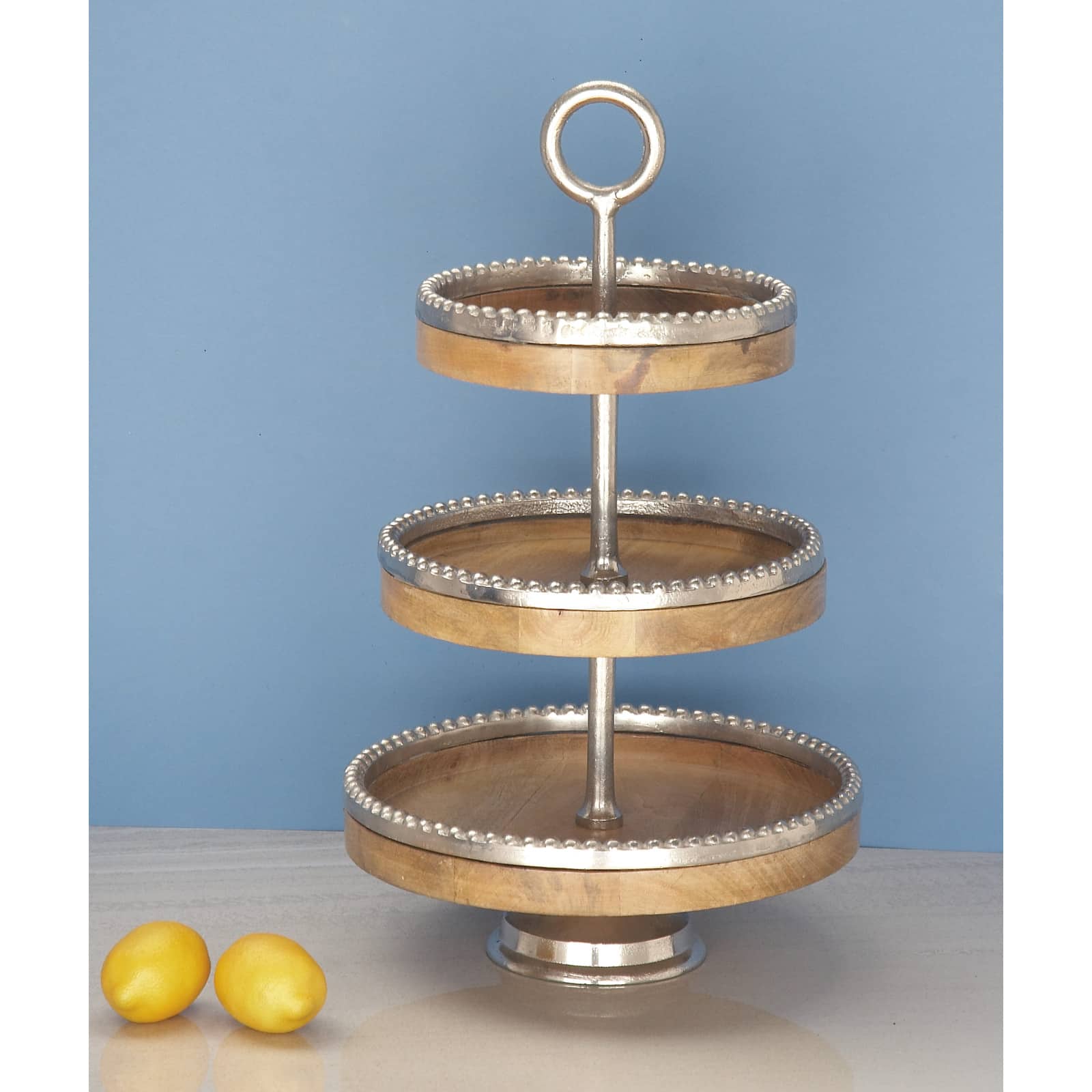 25" Brown Wood & Aluminum 3-Tier Tray Stand