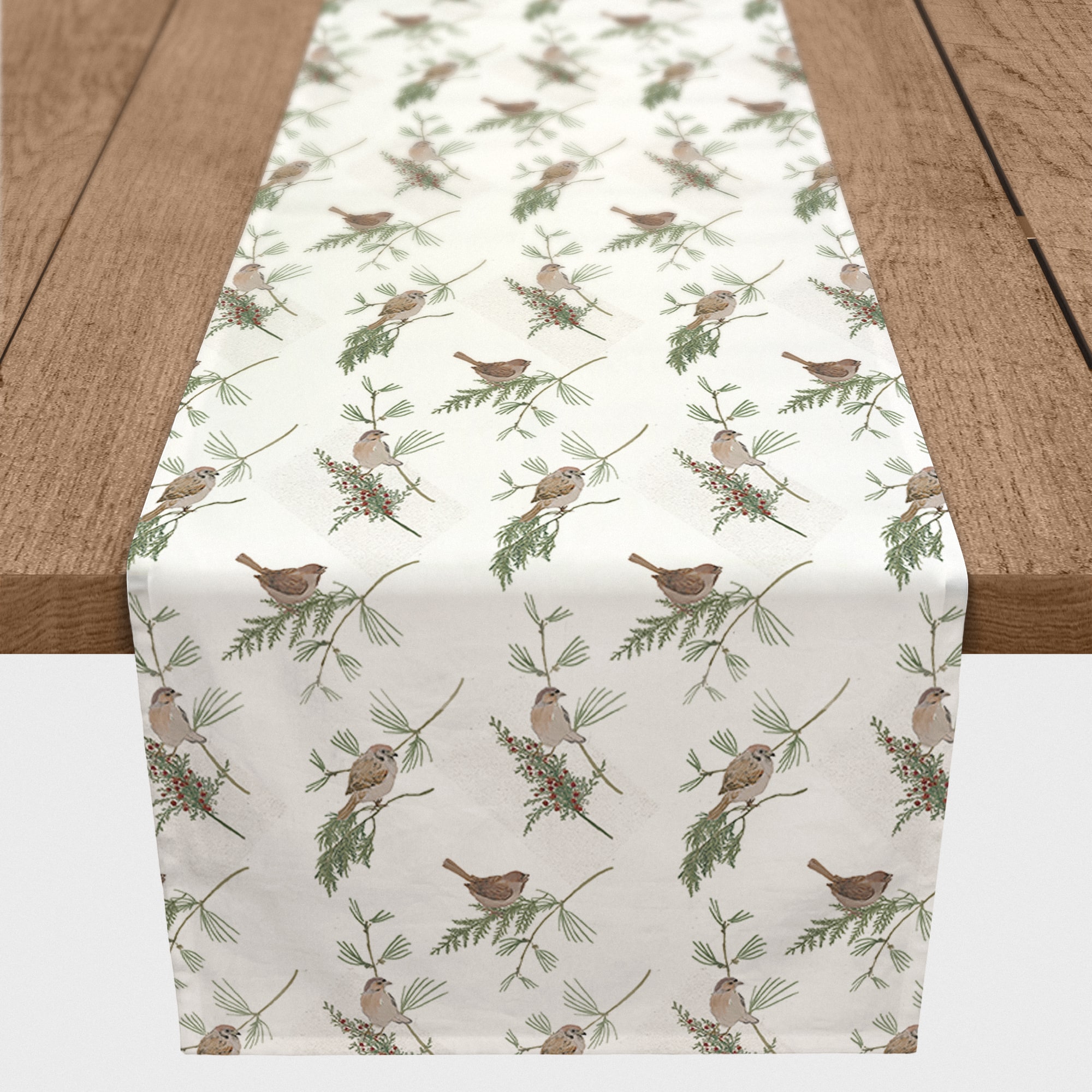 90" White Pine & Birds Cotton Twill Runner