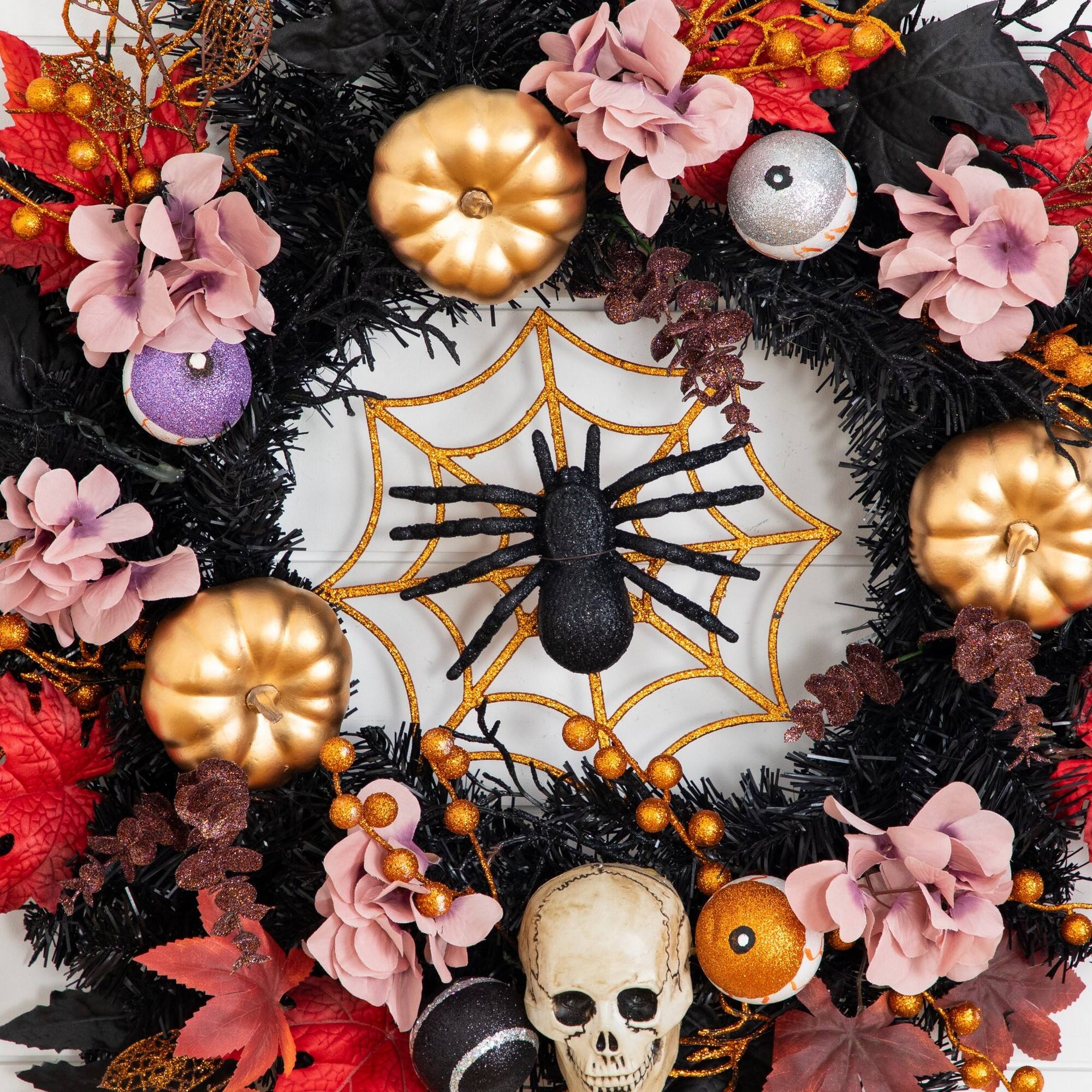 24" Artificial Halloween Wreath with Skulls, Spiders and Pumpkins