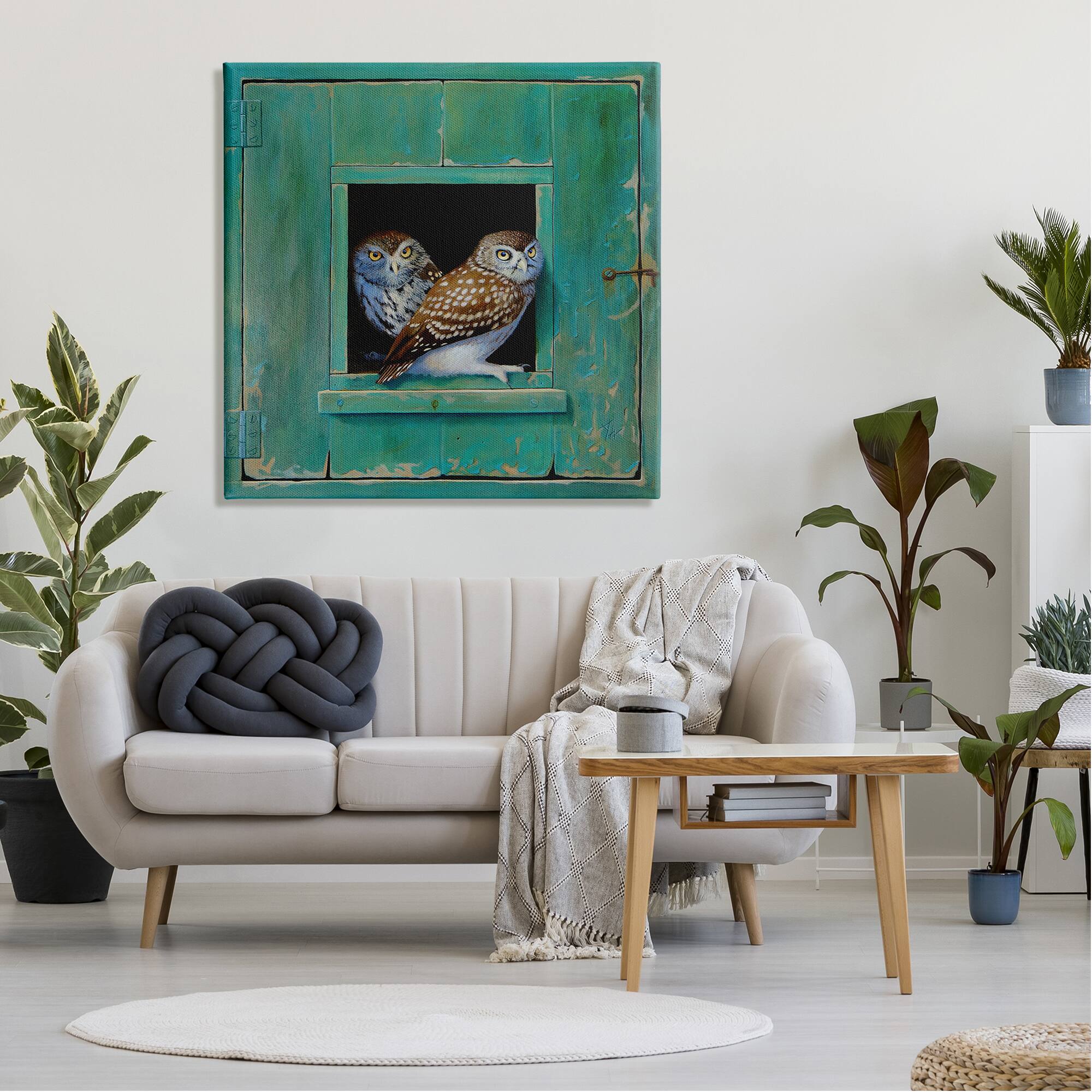 Stupell Industries Spotted Owls Perched Rustic Green Door Ledge Canvas Wall Art