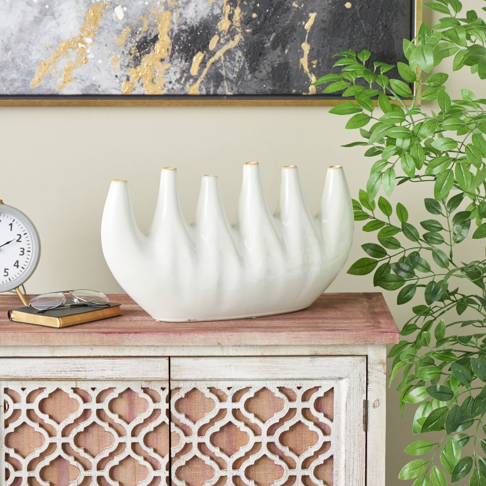 17.75" White Contemporary 6-Opening Ceramic Vase