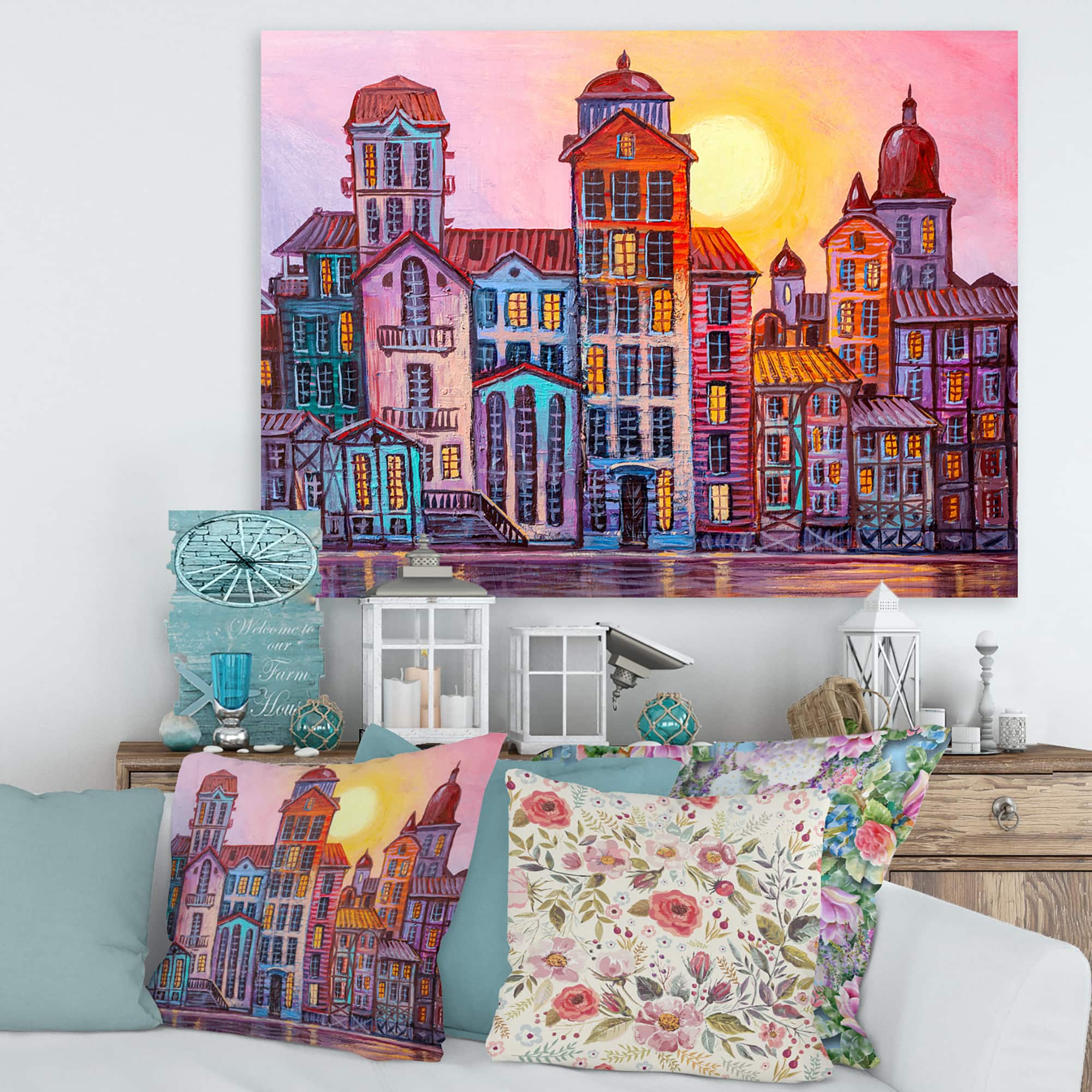 Designart - Street Scene In Old Town With Colorful Buildings - Mid-Century Modern Canvas Wall Art Print