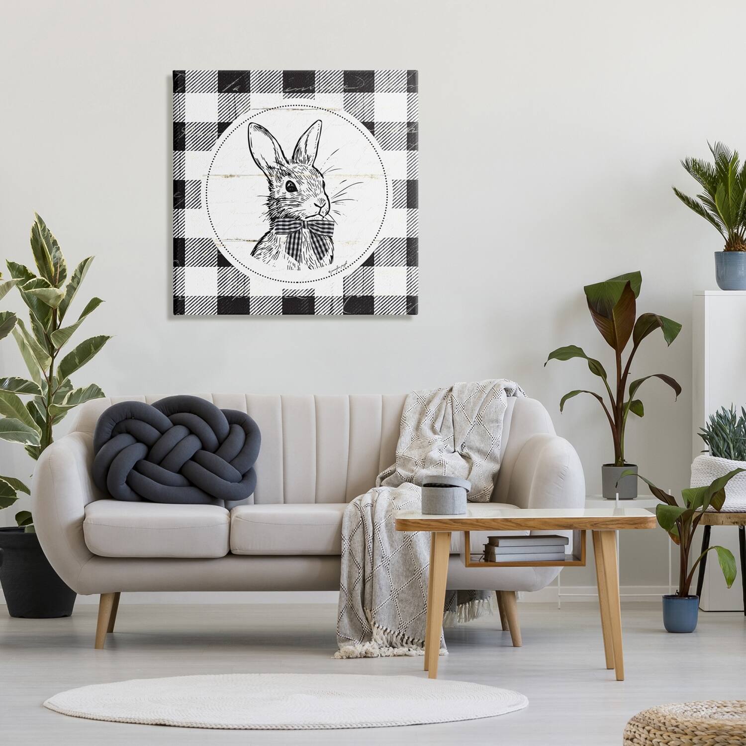 Stupell Industries Detailed Easter Bunny Drawing Spring Plaid Border Canvas Wall Art