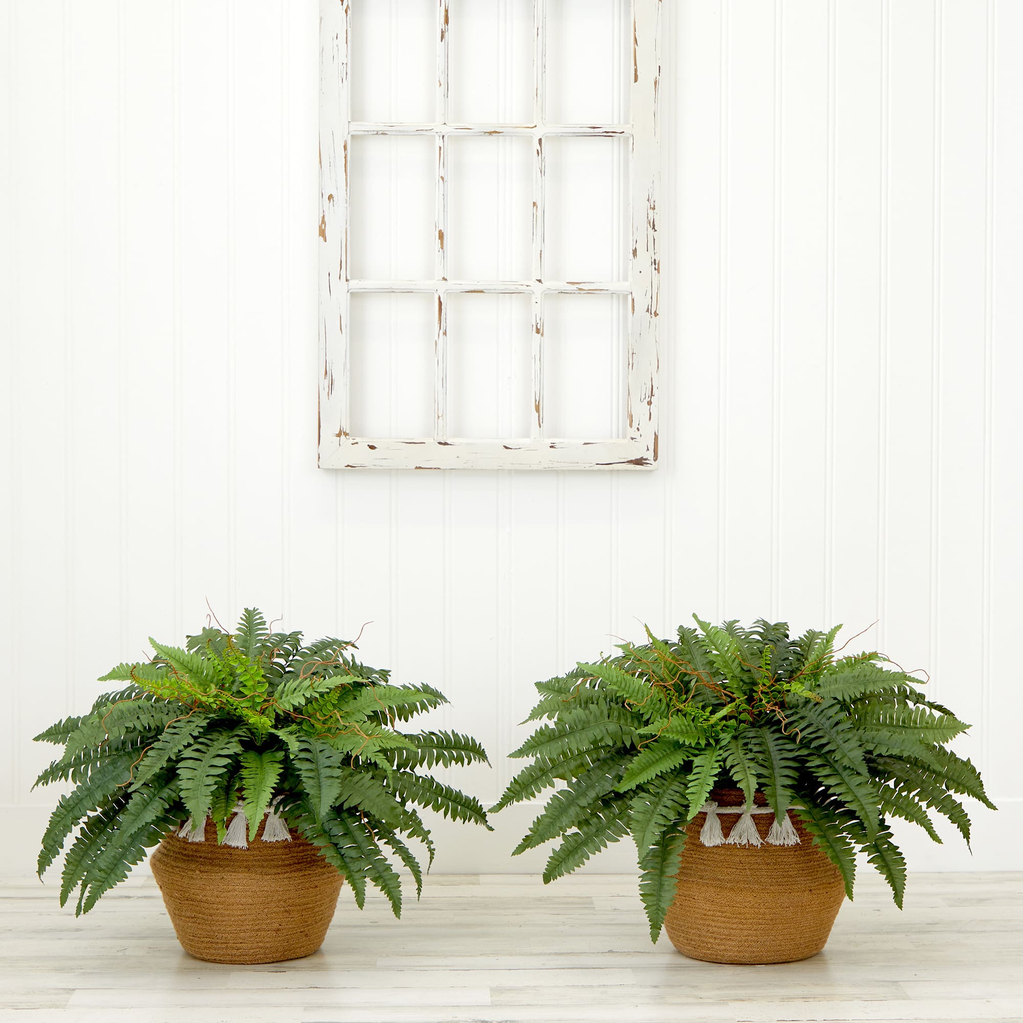 23" Artificial Boston Fern Plant with Handmade Jute & Cotton Basket with Tassels