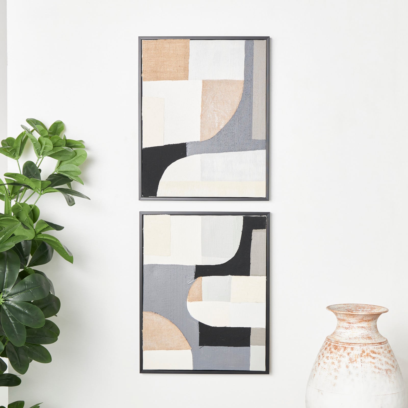Wooden Geometric Mixed Media Home Wall Décor with Black Frames, Pack of 2