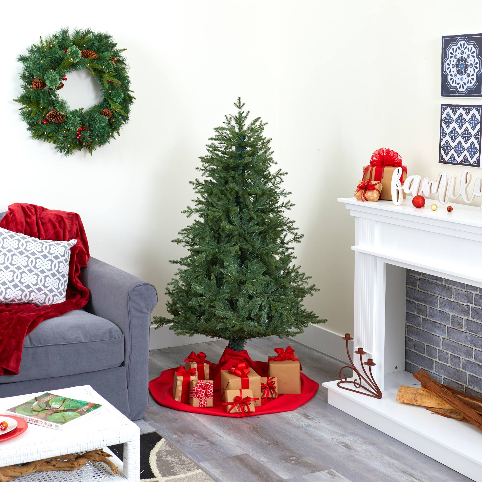 5ft. Pre-Lit New Hampshire Spruce Artificial Christmas Tree, Warm White LED Lights