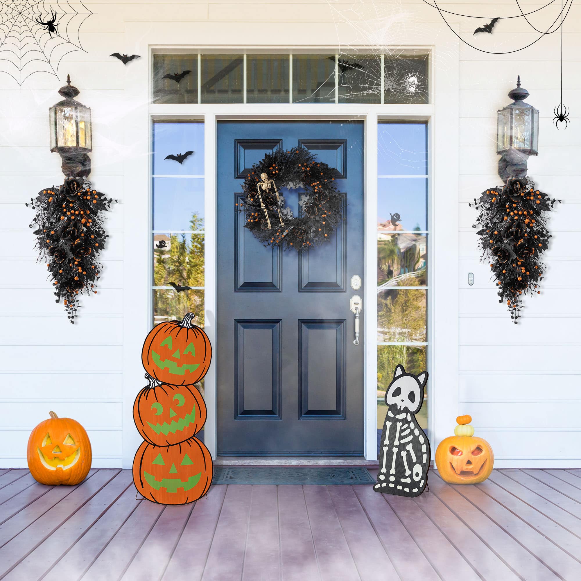 Glitzhome® Halloween Wooden Skeleton Cat and Stacked Pumpkin Porch Decor Set