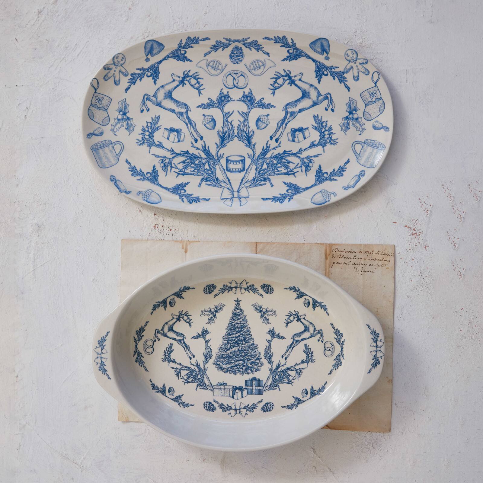 Hello Honey® 15.25" Blue & Cream Classic Holiday Oval Stoneware Platter