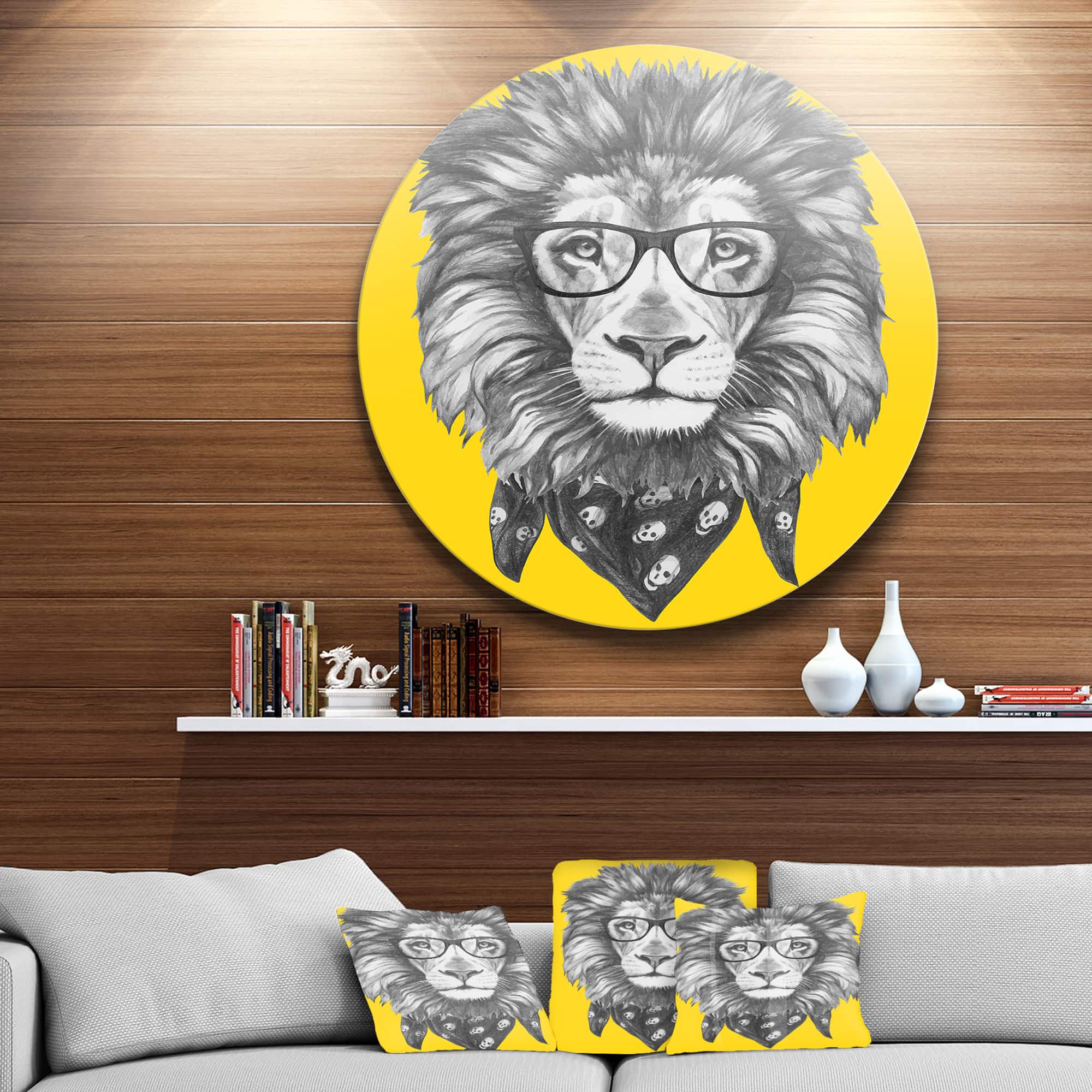 Designart - Lion with Glasses and Scarf' Disc Animal Metal Circle Wall Art