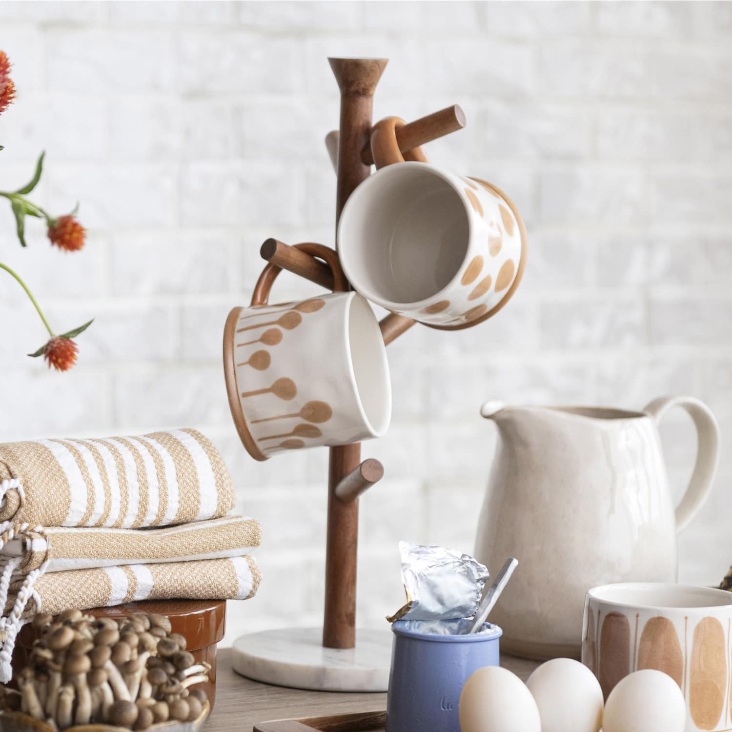 Hello Honey® 17" Tall Mango Wood & Marble Mug Rack