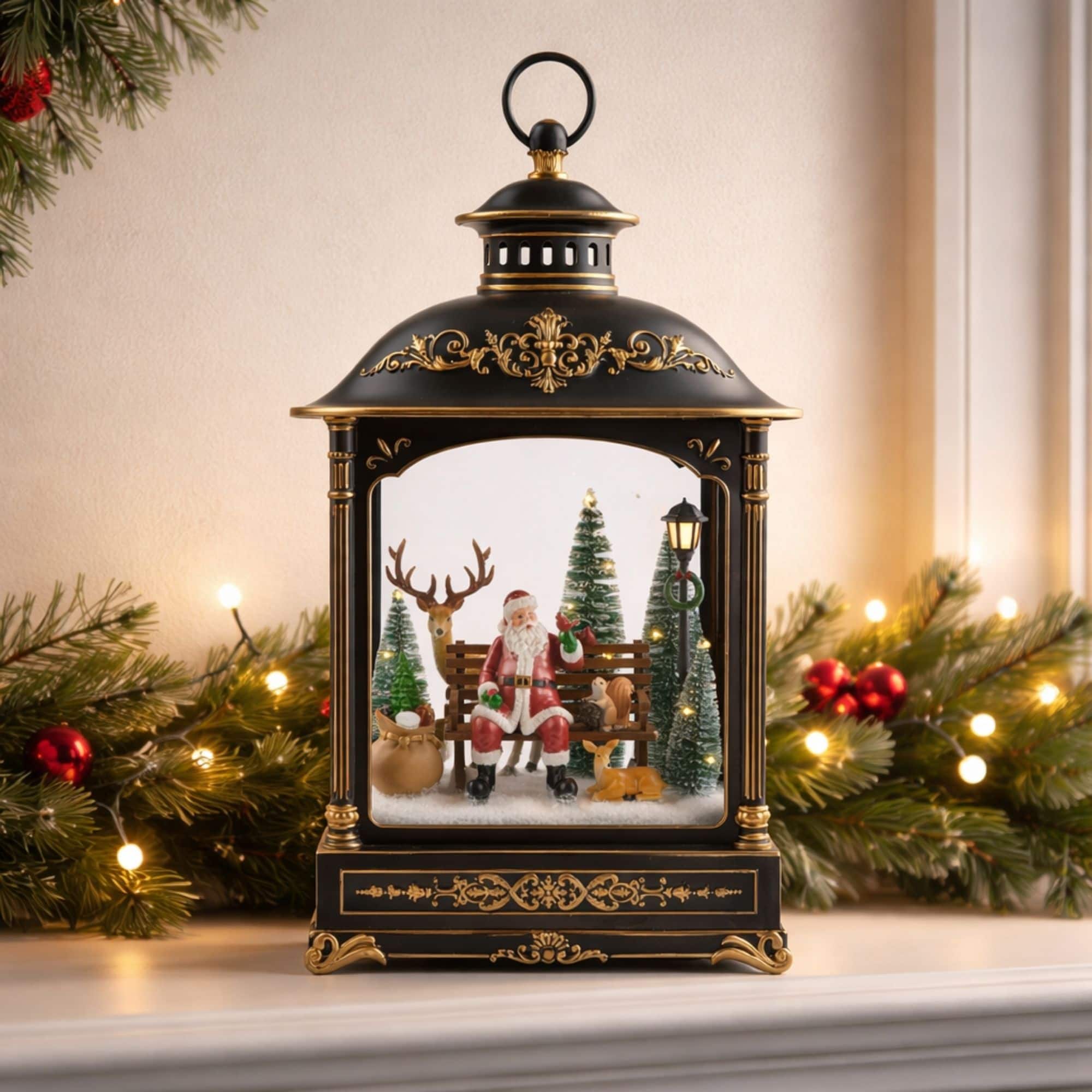 Melrose 17.5" LED Santa, Pine Trees & Woodland Animals Lantern Scene