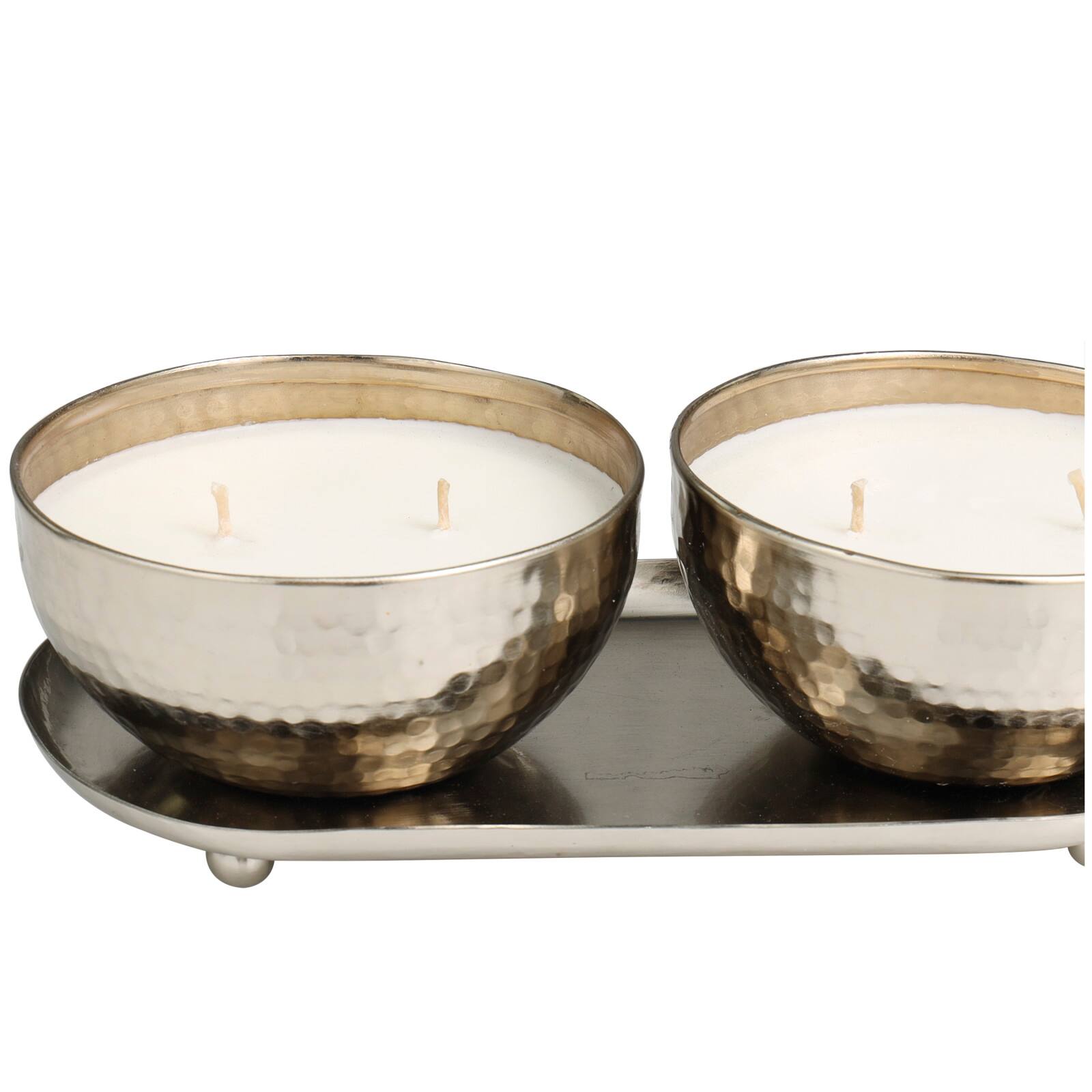 White Wax Vanilla Marshmallow Scented Candle Set with Silver Hammered Containers and Oval Holding Tray