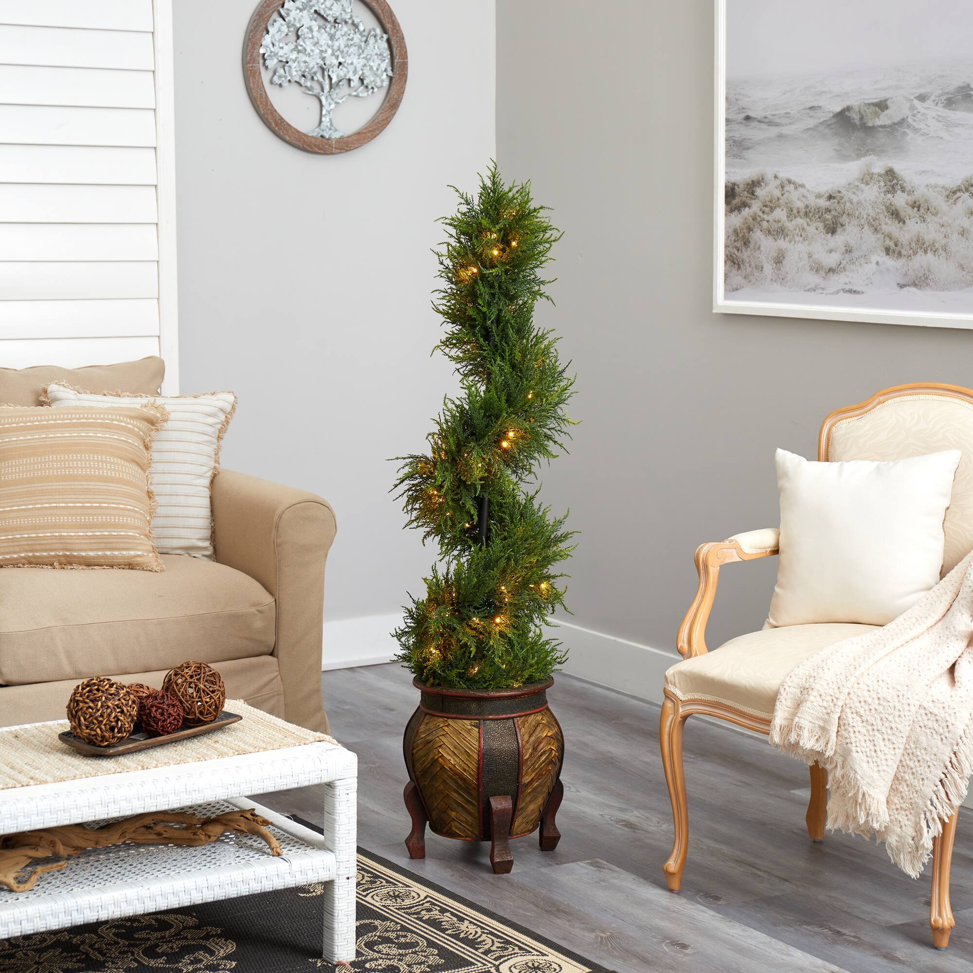 4.5ft. Pre-Lit Spiral Cypress Artificial Christmas Tree in Decorative Planter, Clear LED Lights
