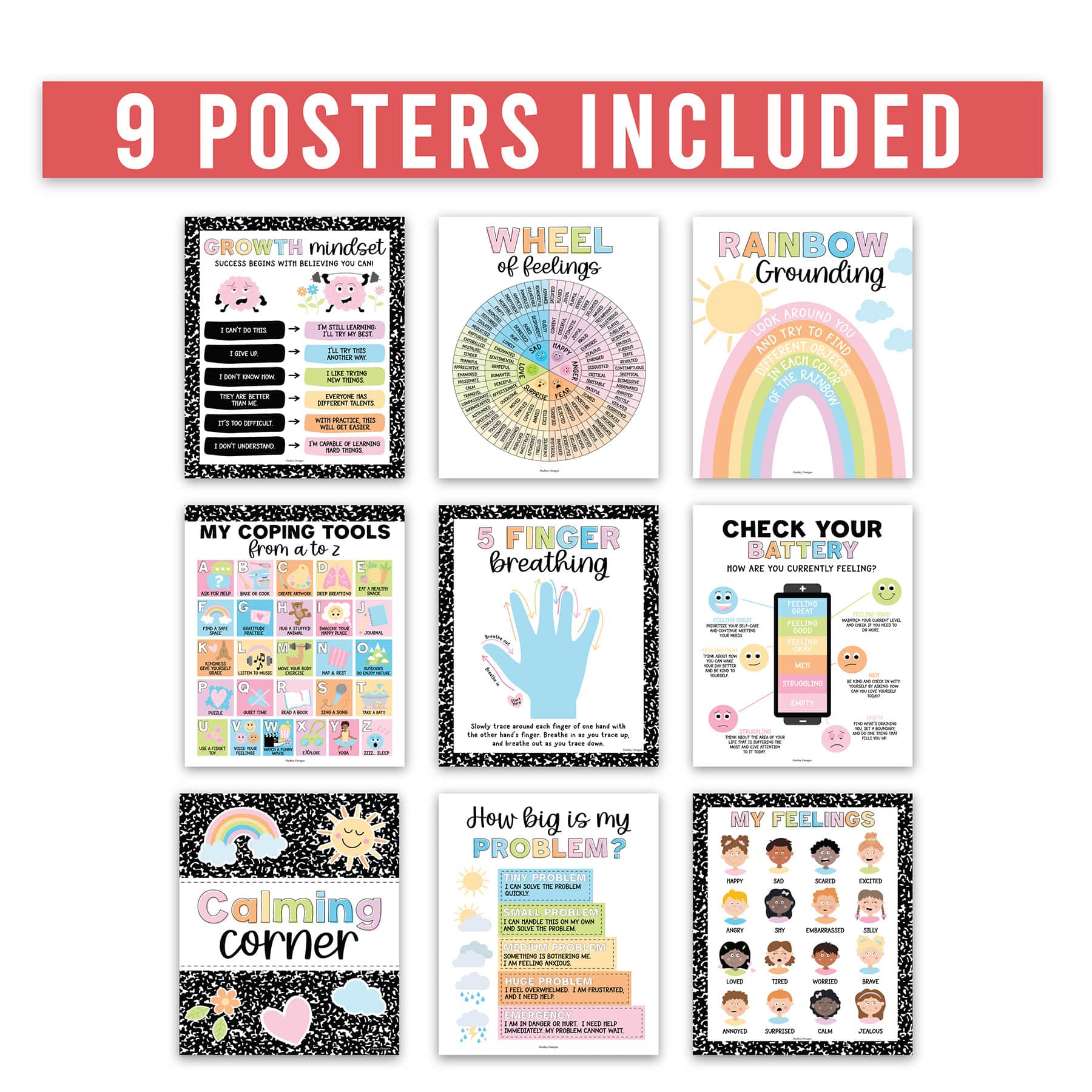 Hadley Designs 11" x 14" Colorful Dark Calming Corner & Feelings Chart Posters Set