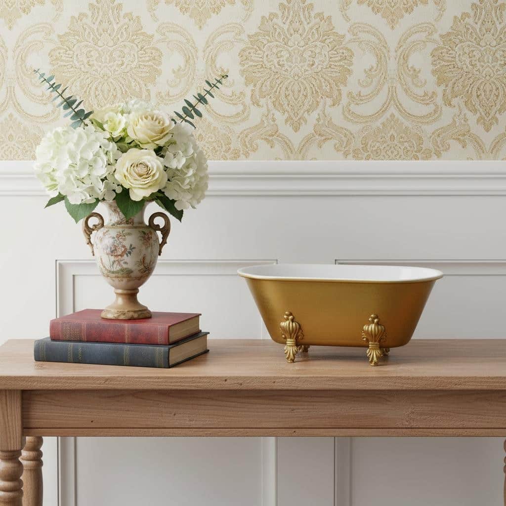 HomeRoots 12" Gold & White Metal Hand Painted Decorative Tub