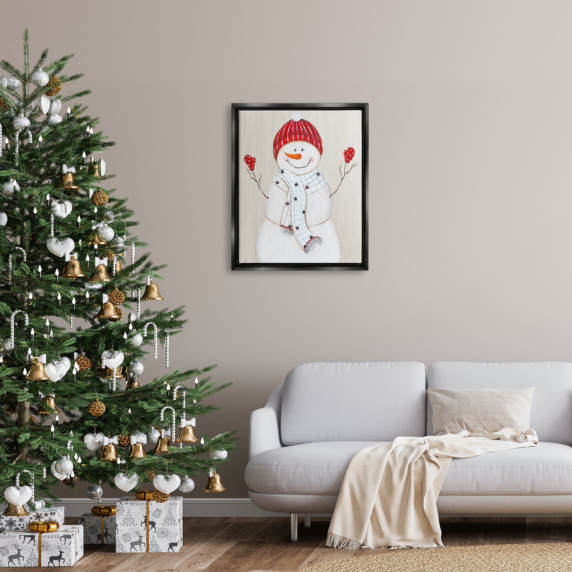 Stupell Industries Seasonal Snowman Smiling Red Hat Framed Floater Canvas Wall Art