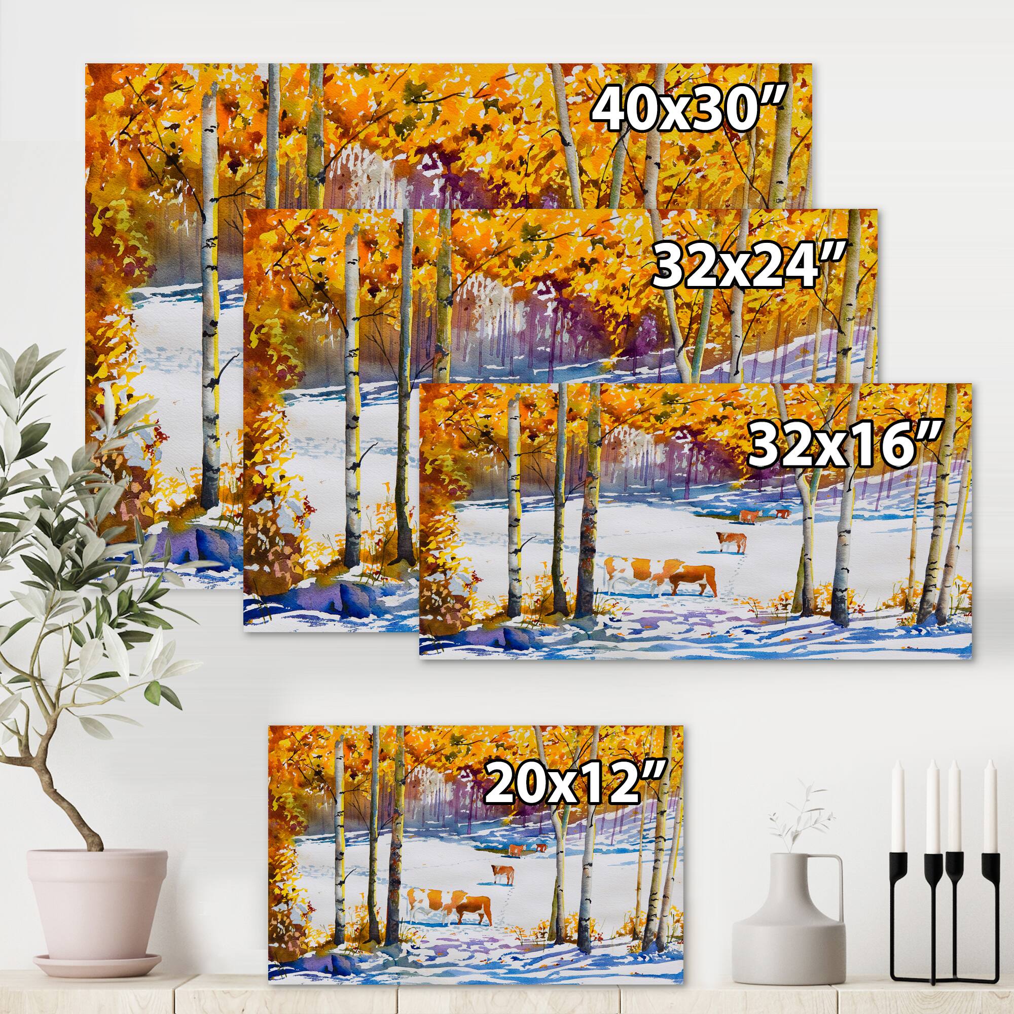 Designart - Cattle In The Early Snow In The Forest - Farmhouse Canvas Wall Art Print