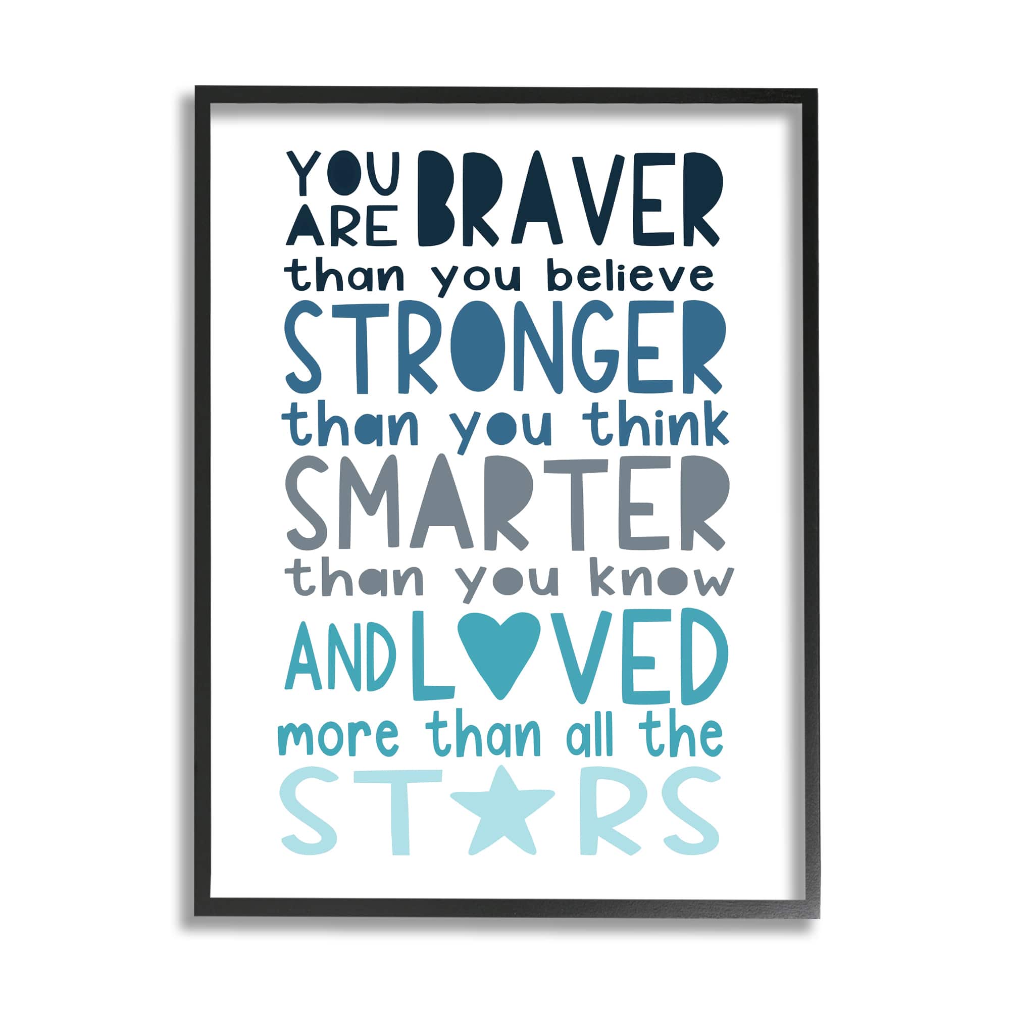 Stupell Industries Braver Stronger Smarter and Love Phrase Blue Typography in Frame Wall Art
