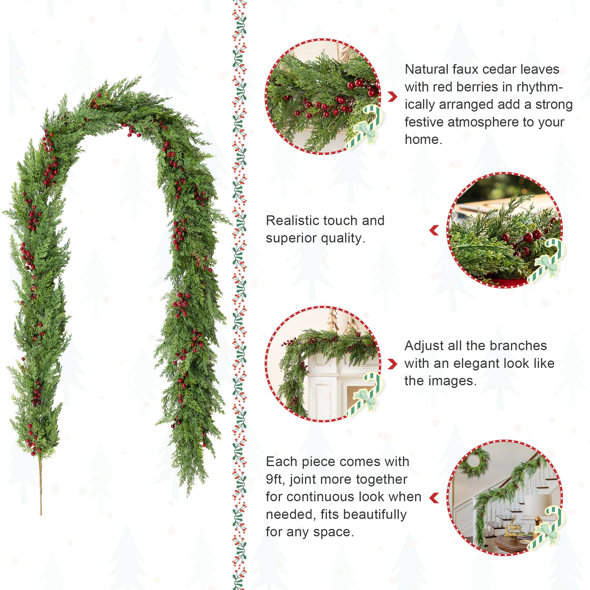 Glitzhome® 9ft Christmas Greenery PE Cedar Garland with Red Berries