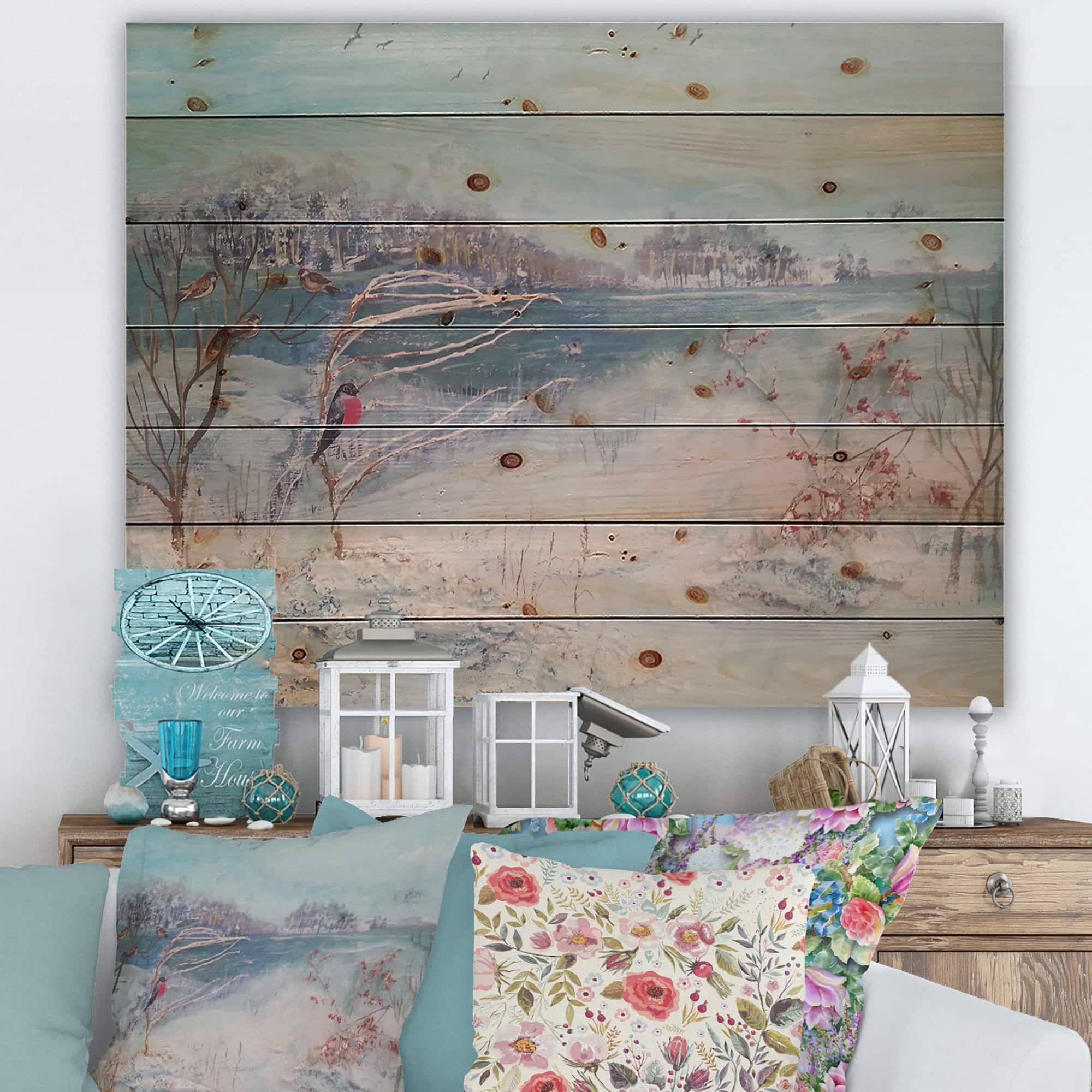 Designart - Winter Trees River and Birds