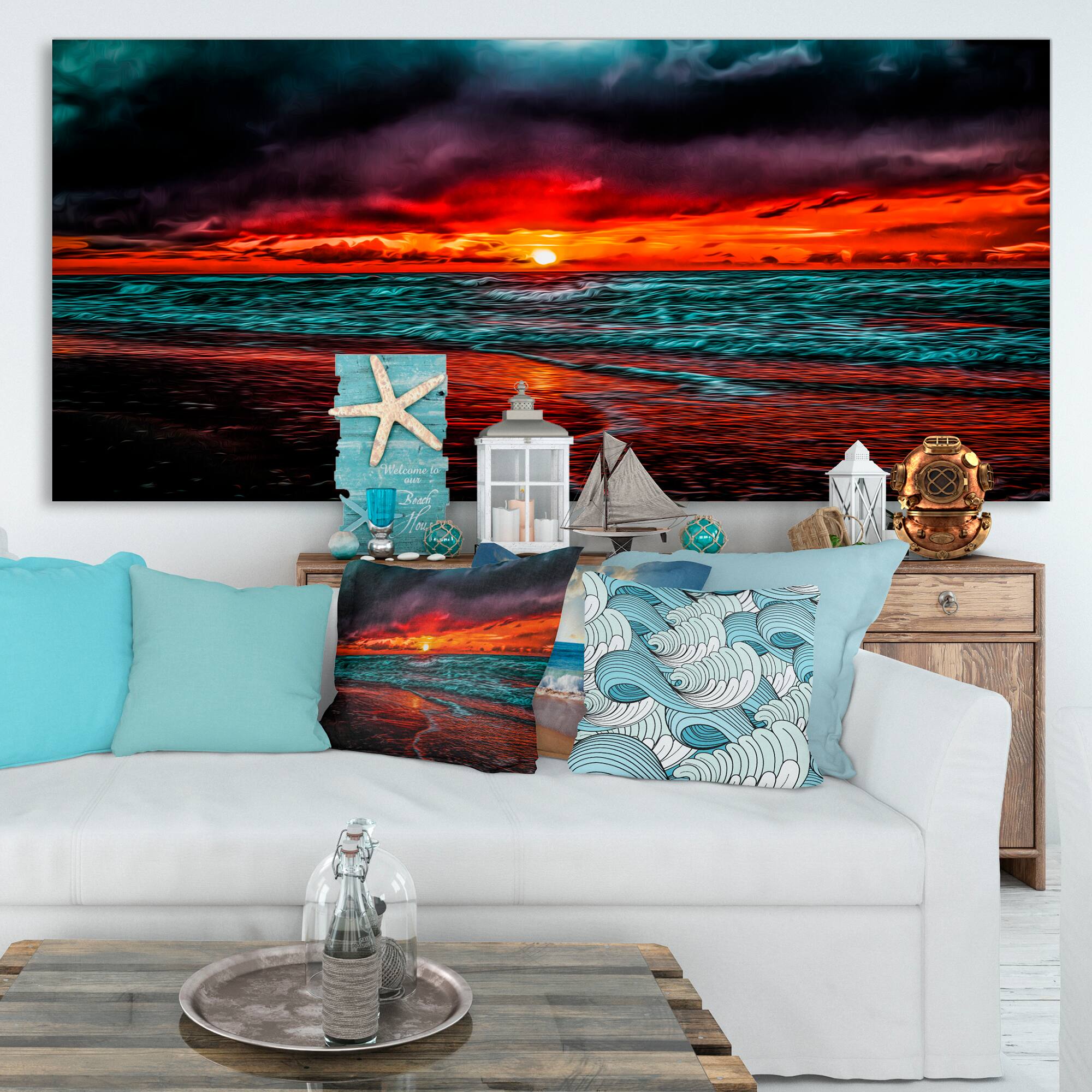 Designart - Red Sunset over Blue Waters - Seascape Canvas Art Print