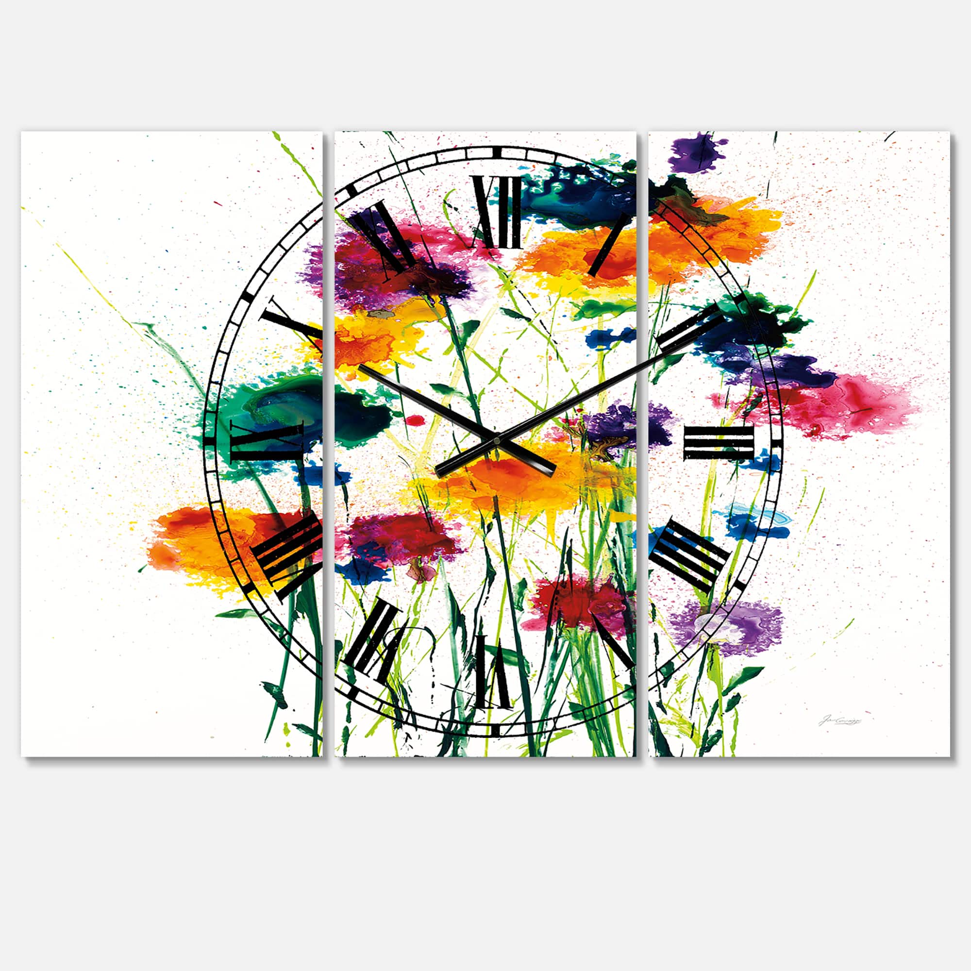 Designart Indigo, Green & Yellow Watercolor Traditional 3 Panel Wall Clock