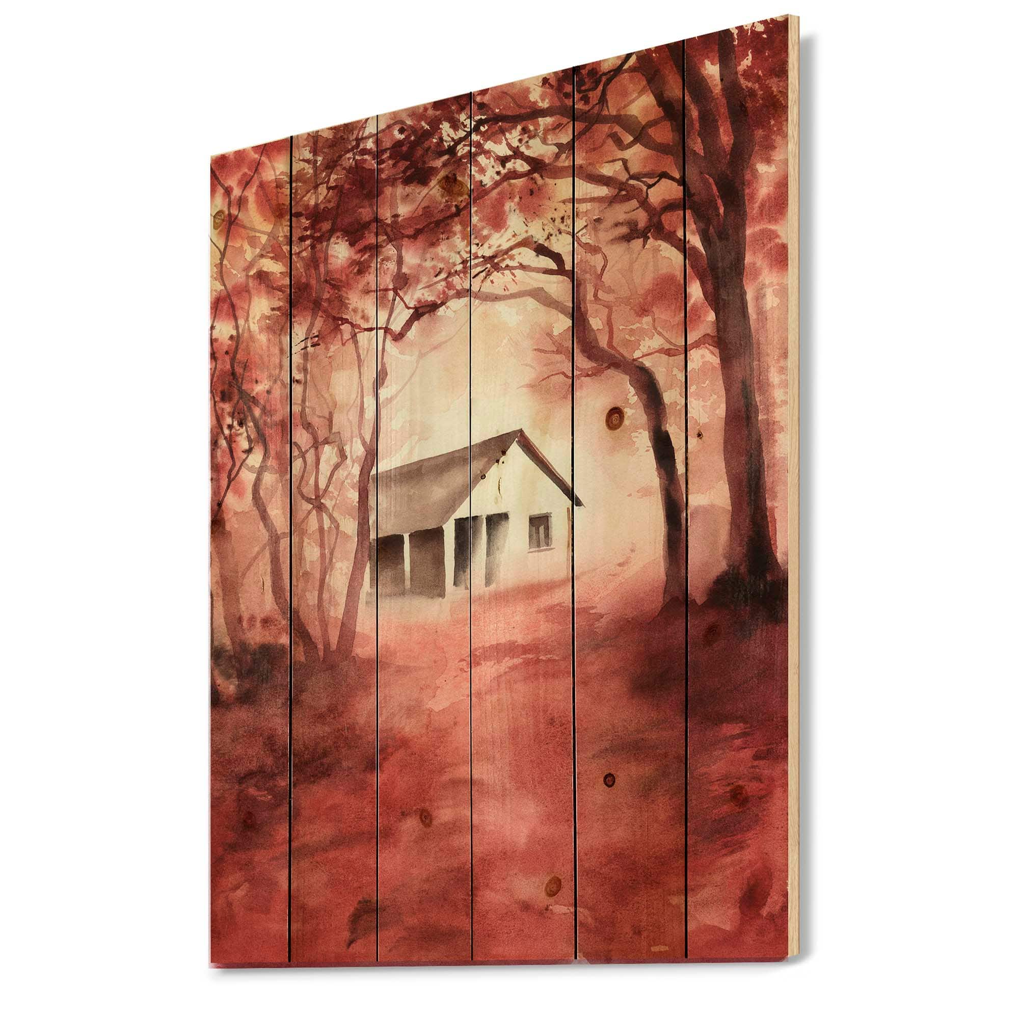 Designart - House In Red Autumn Woods - Cabin & Lodge Print on Natural Pine Wood