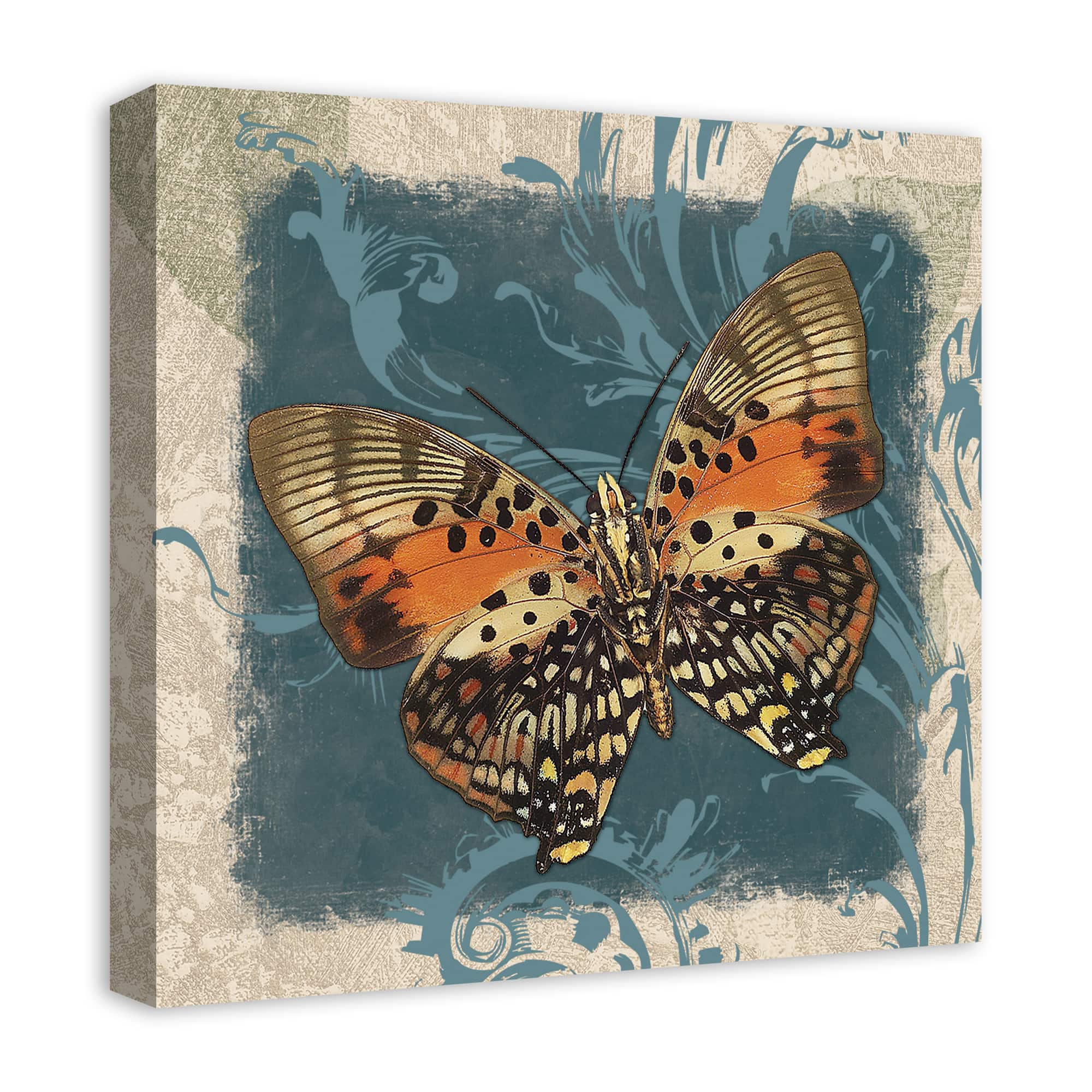 Blue Swirls And Orange Butterfly 20" x 20" Canvas Wall Art