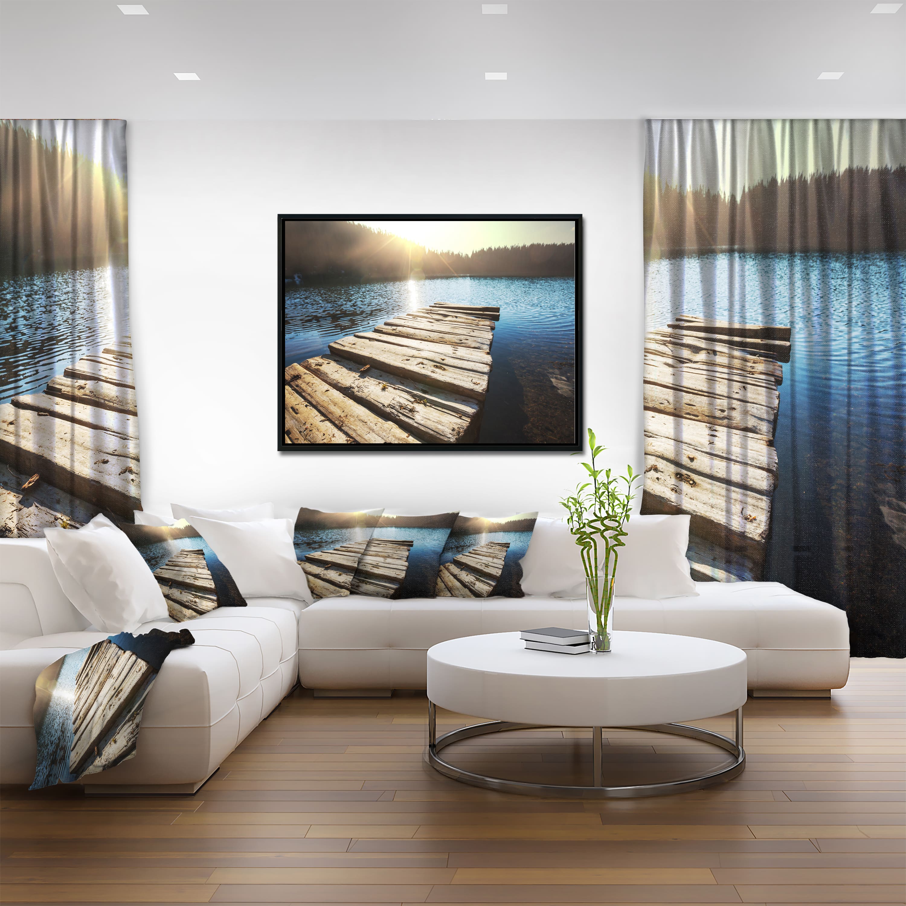 Designart - Large Wooden Pier into the Lake - Seashore Framed Canvas Art Print