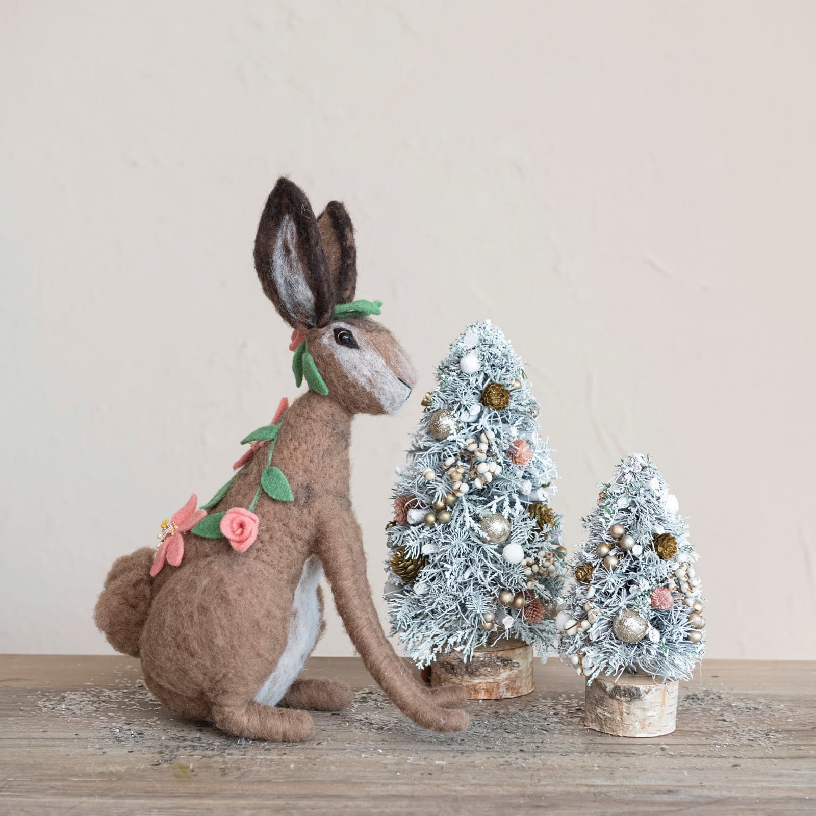 Hello Honey® 12.25" Frosted Ornaments, Pinecones & Glitter Christmas Tree with Wood Slice Base