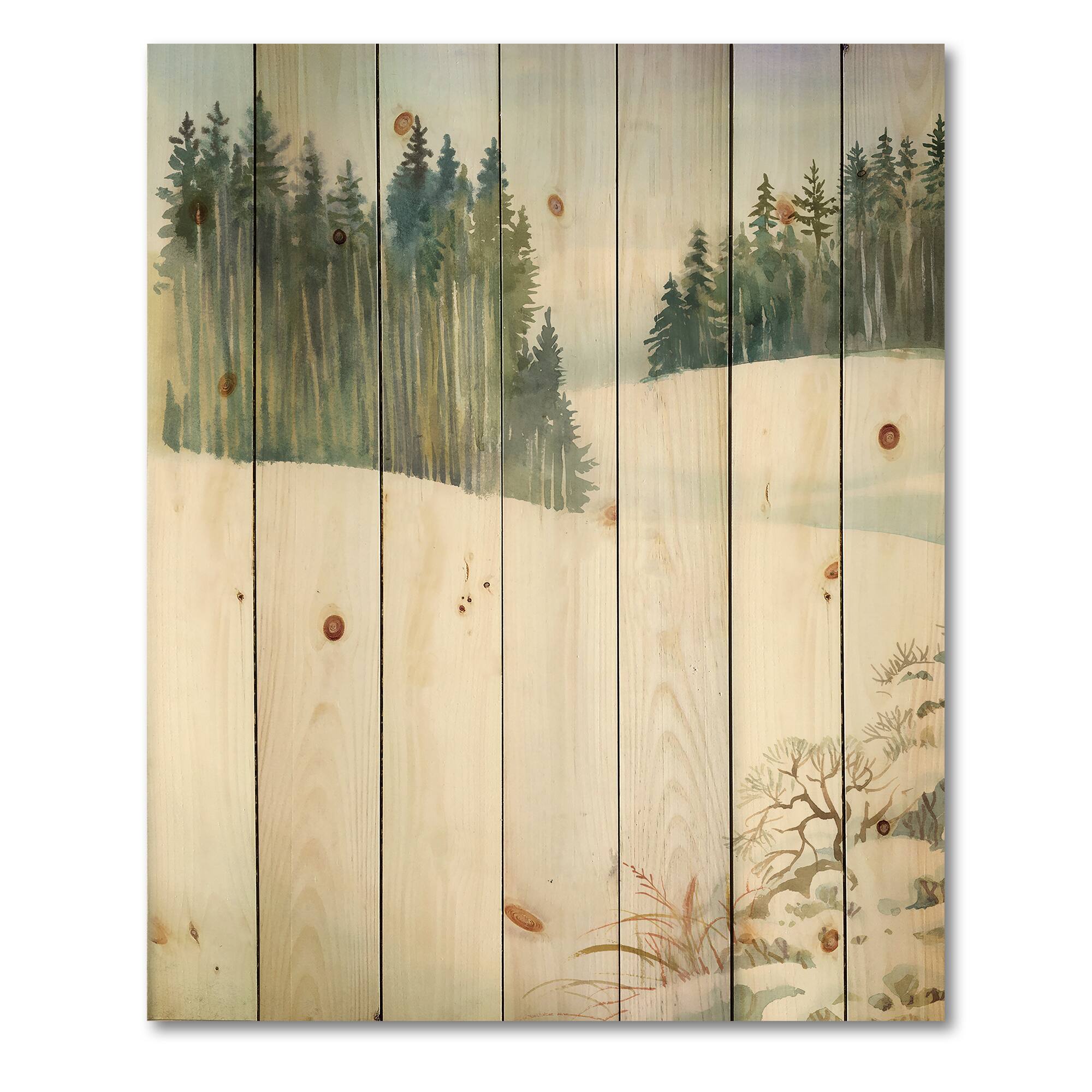 Designart - Pine Forest In Snowy Winter Landscape - Traditional Print on Natural Pine Wood