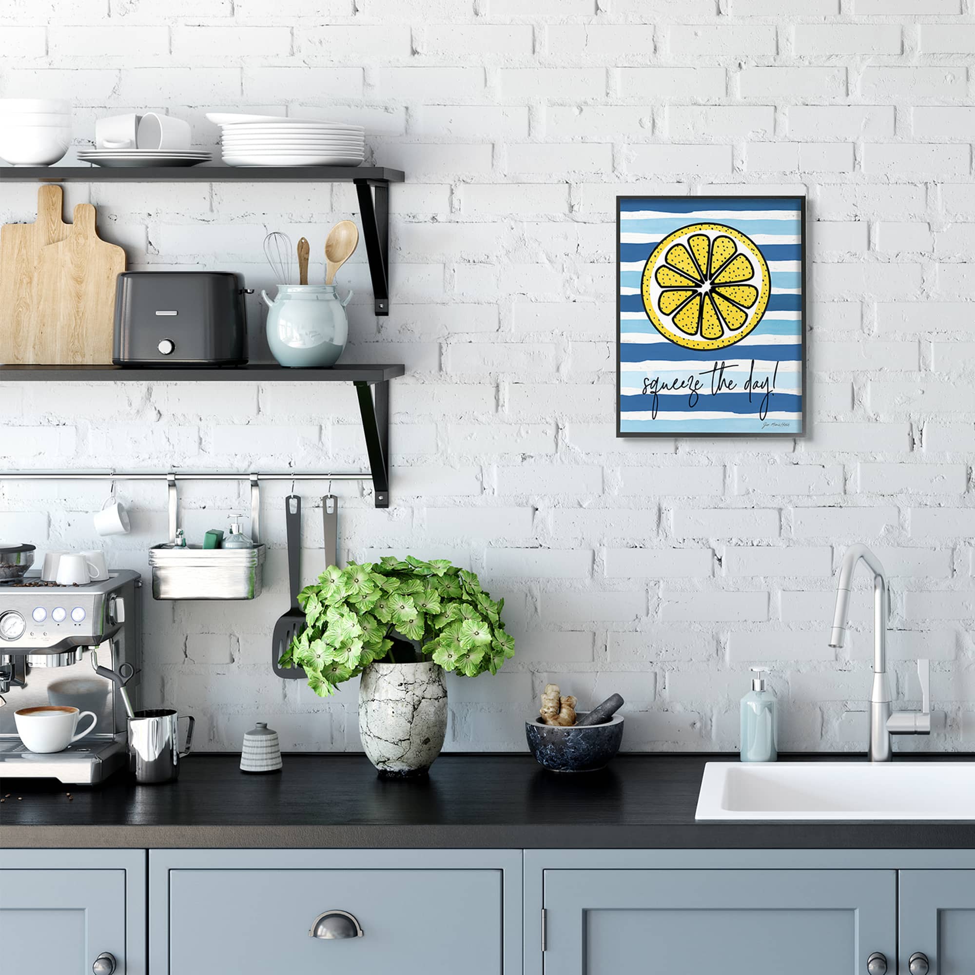 Stupell Industries Squeeze The Day Expression Lemon Nautical Stripes in Frame Wall Art