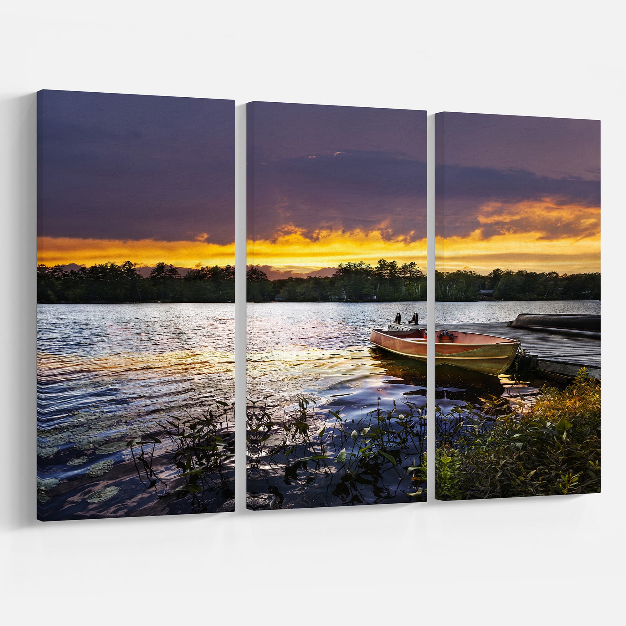 Designart - Boat Docked in Lake at Sunset - Modern Seashore Canvas Art