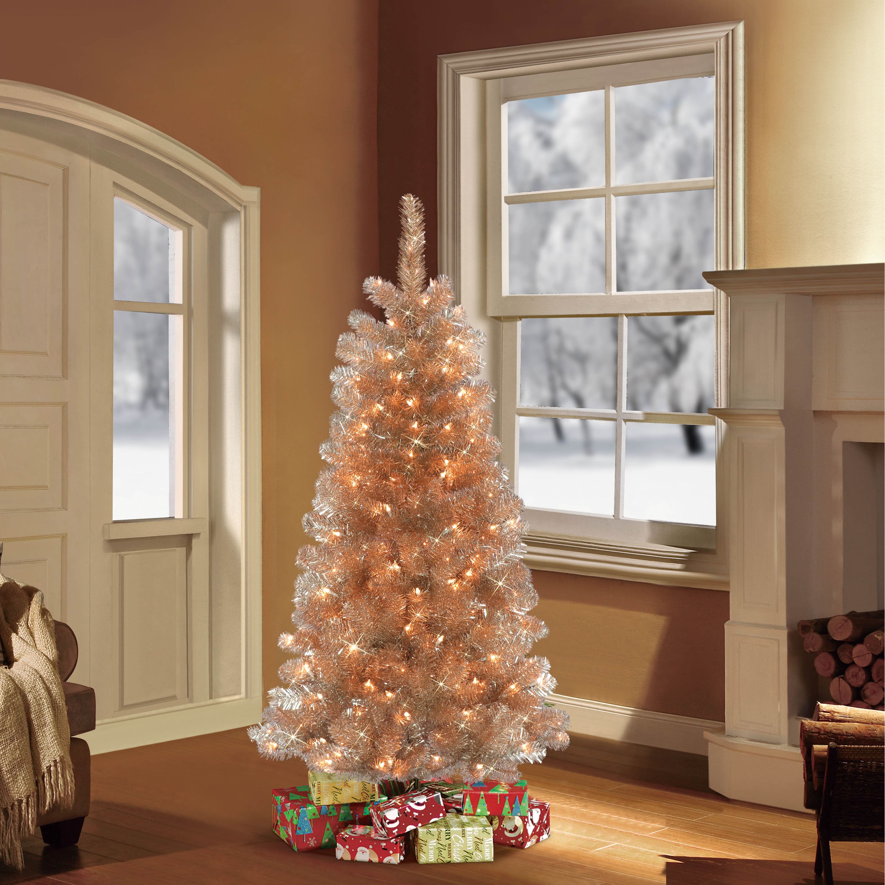 4.5ft. Pre-Lit Tinsel Artificial Christmas Tree, Clear Lights
