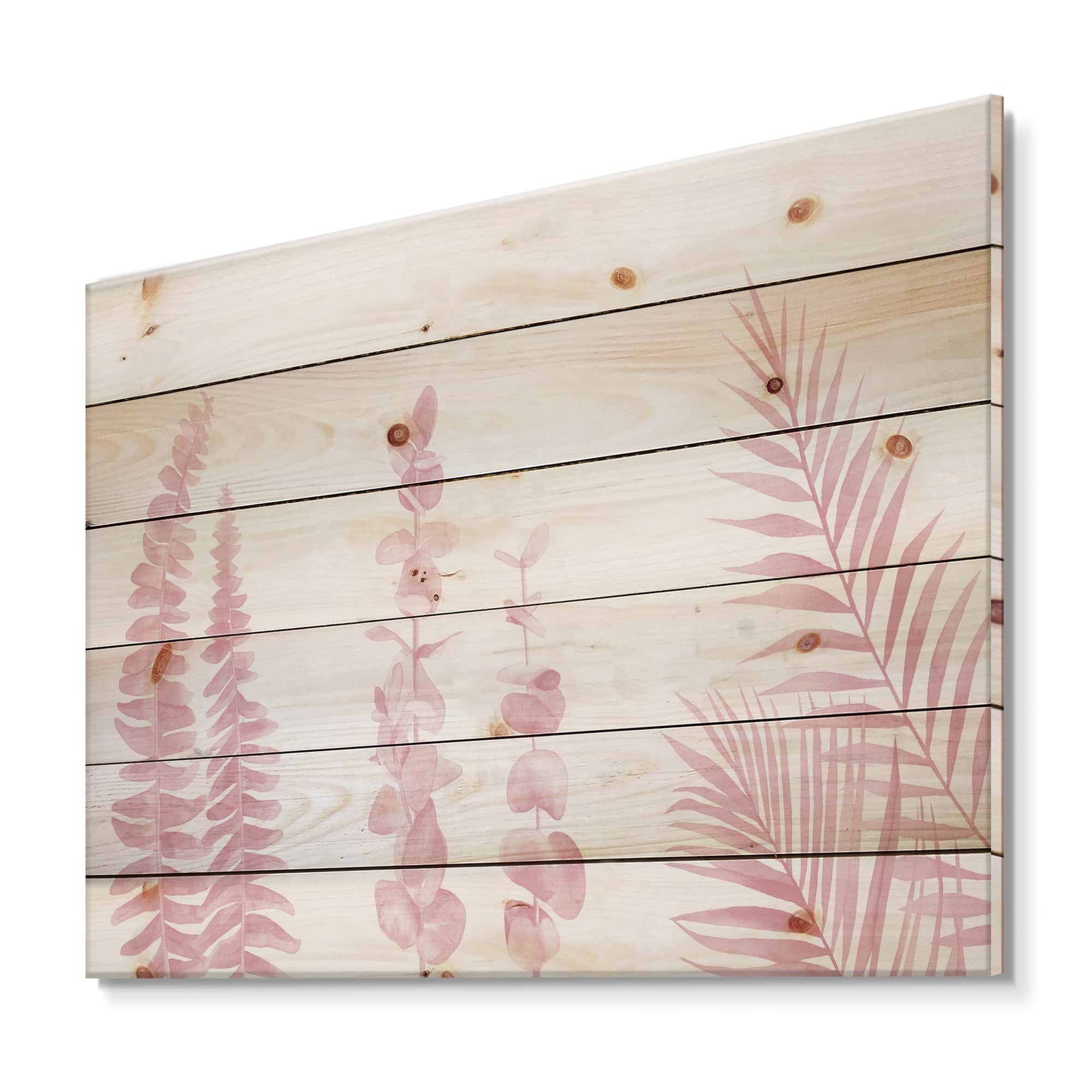 Designart - Blush Pinkeucalyptus and Palm Branches - Shabby Chic Print on Natural Pine Wood