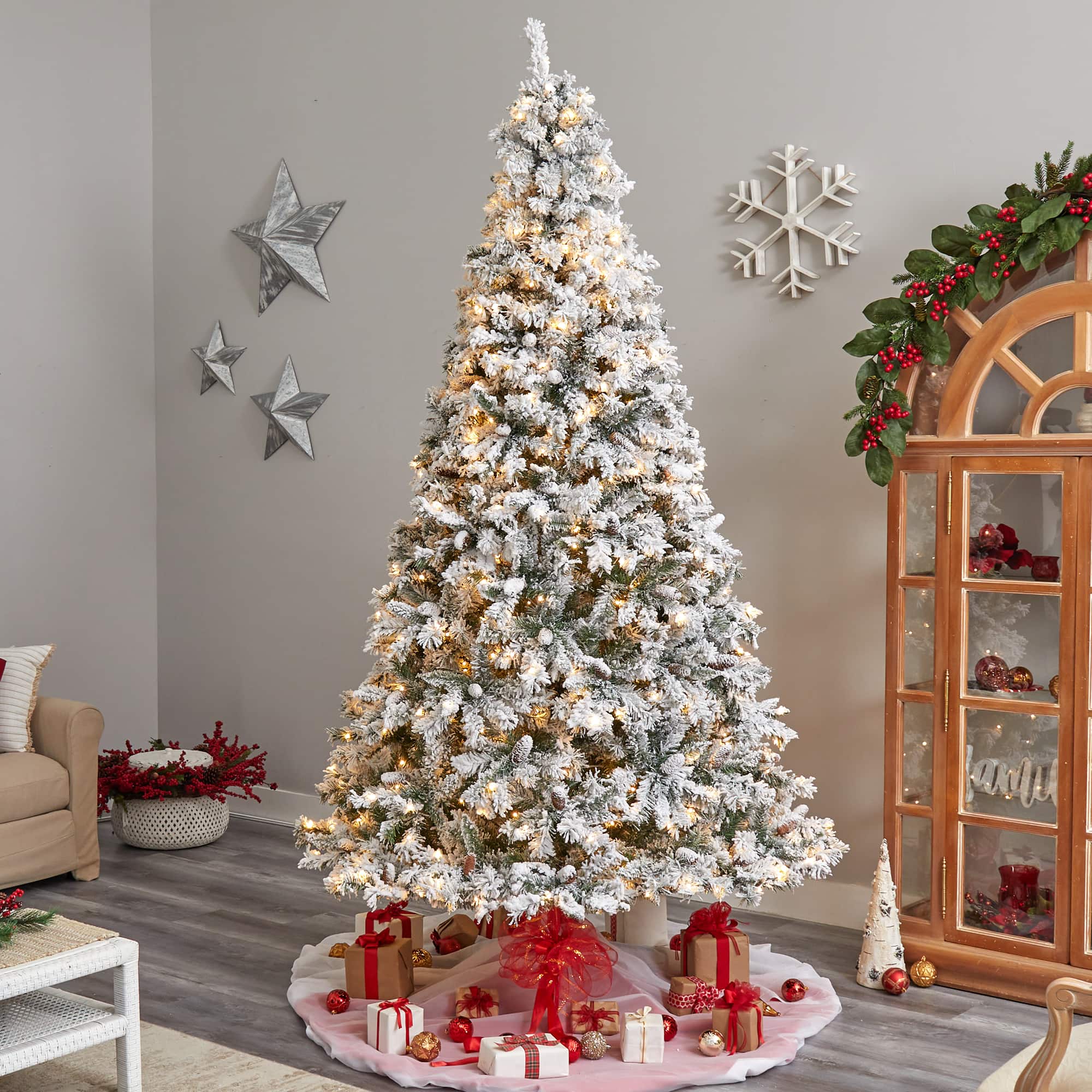 9ft. Pre-Lit Flocked White River Mountain Pine Artificial Christmas Tree, Clear LED Lights