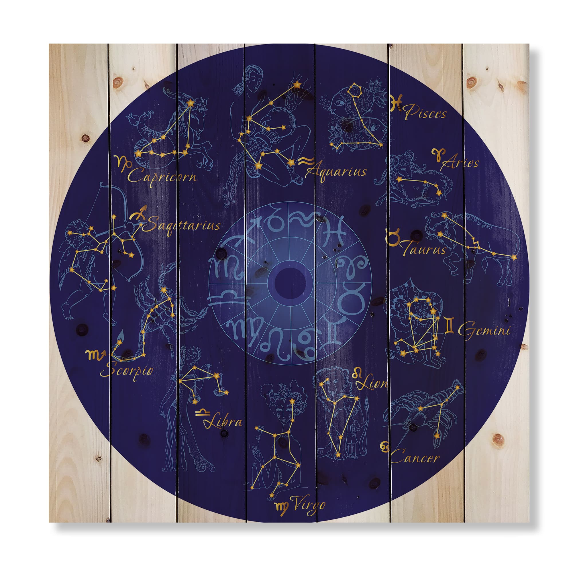 Designart - Zodiac With Constellations and Zodiac Signs - Modern Print on Natural Pine Wood