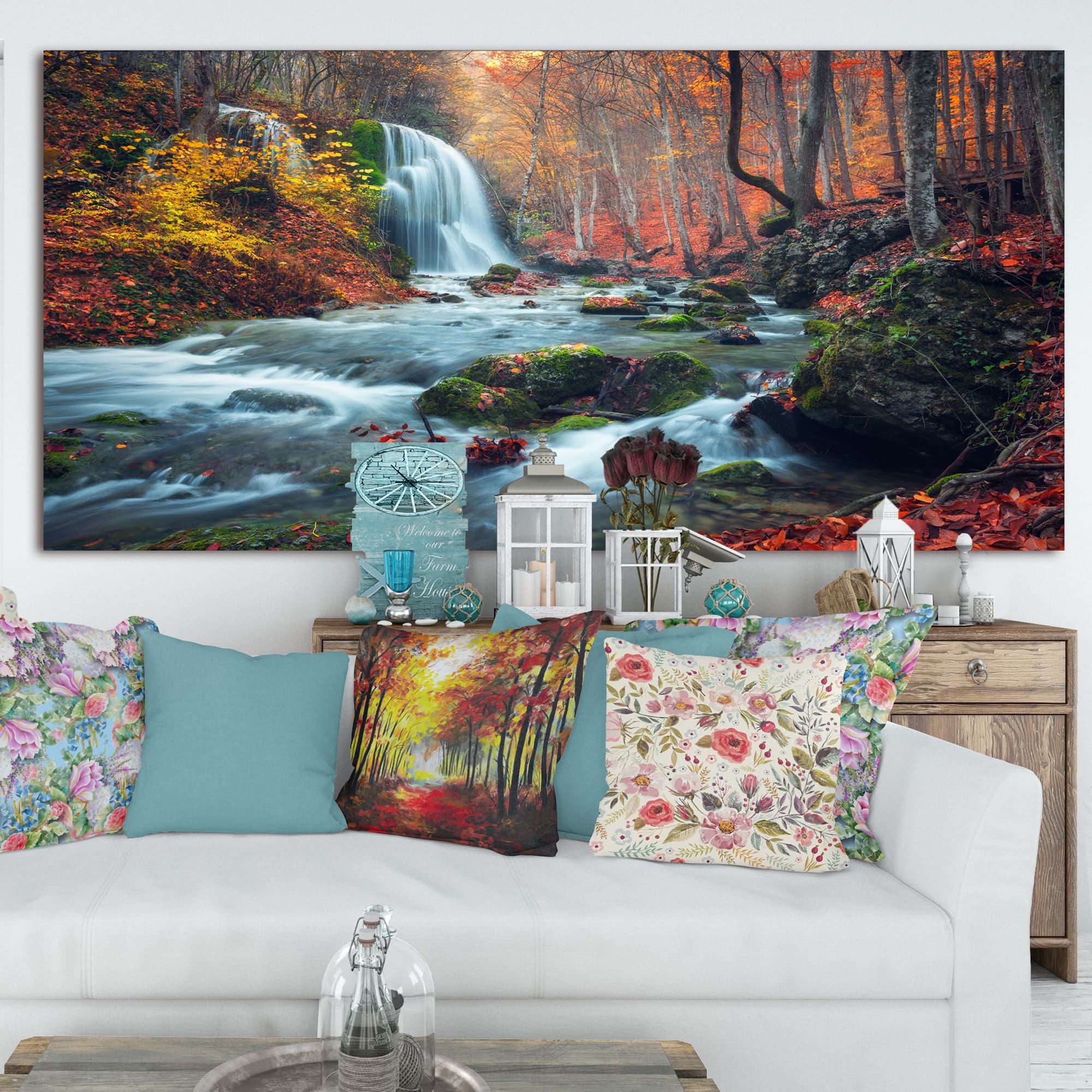 Designart - Autumn Mountain Waterfall Long View - Landscape Photography Canvas Print