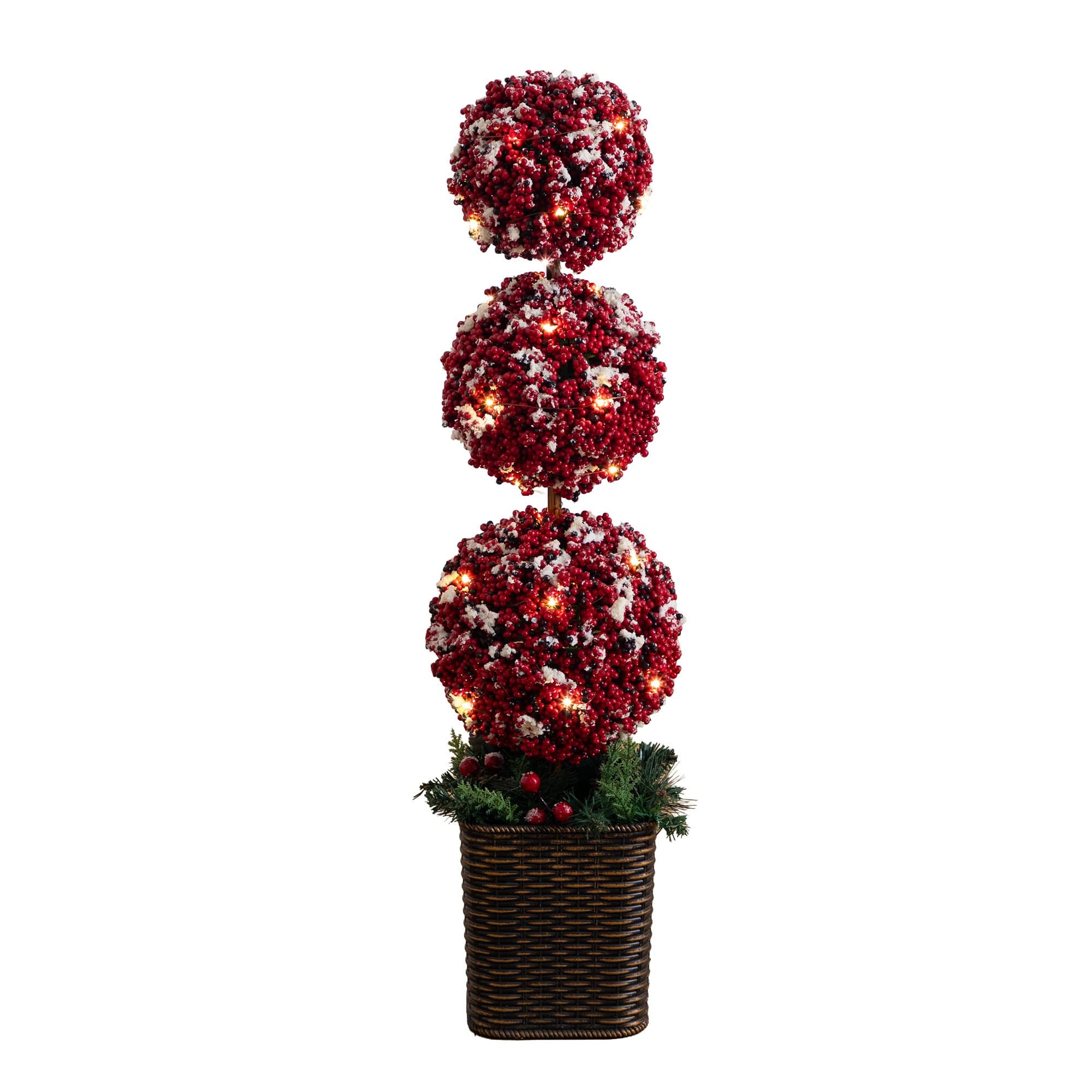 Nearly Natural 31" Artificial Christmas Snowed Holly Berry Triple Ball Topiary Tree in Decorative Planter