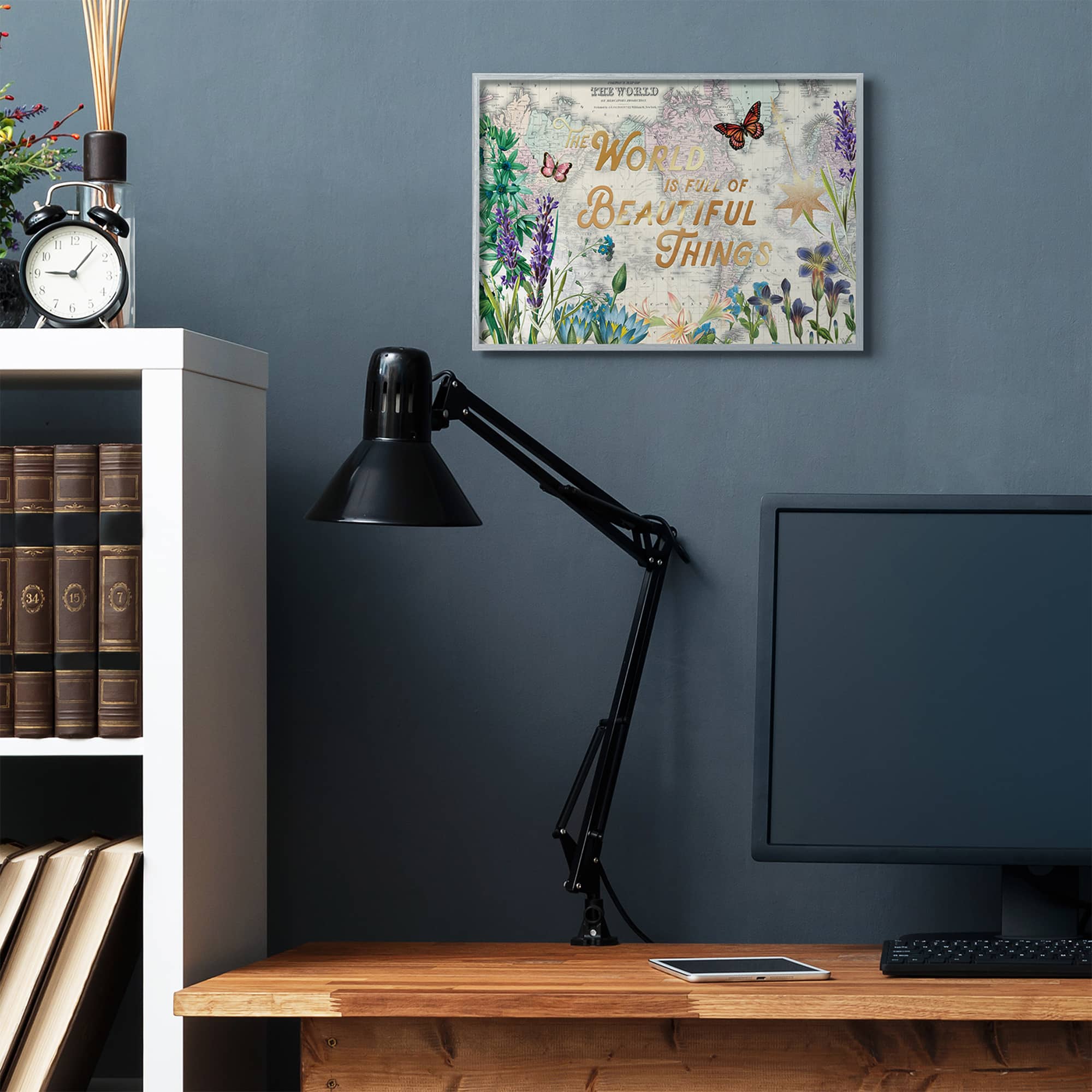 Stupell Industries Beautiful Things Floral Map Gray Framed Wall Art