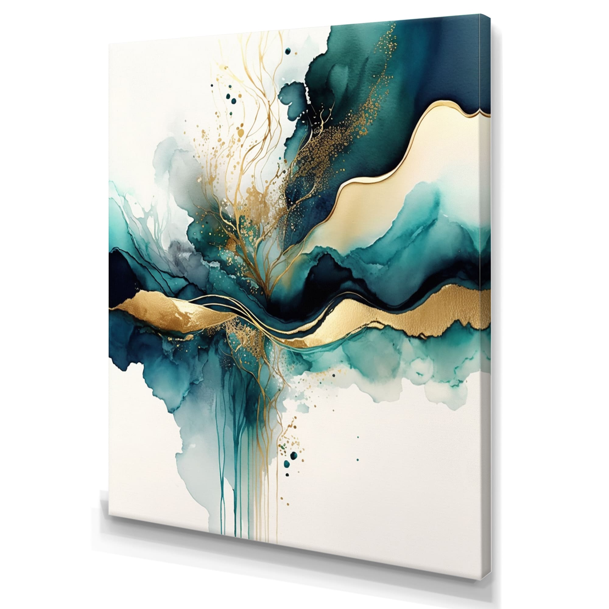 Designart 'Teal And Gold Abstract Expression III' Modern Canvas Wall Art
