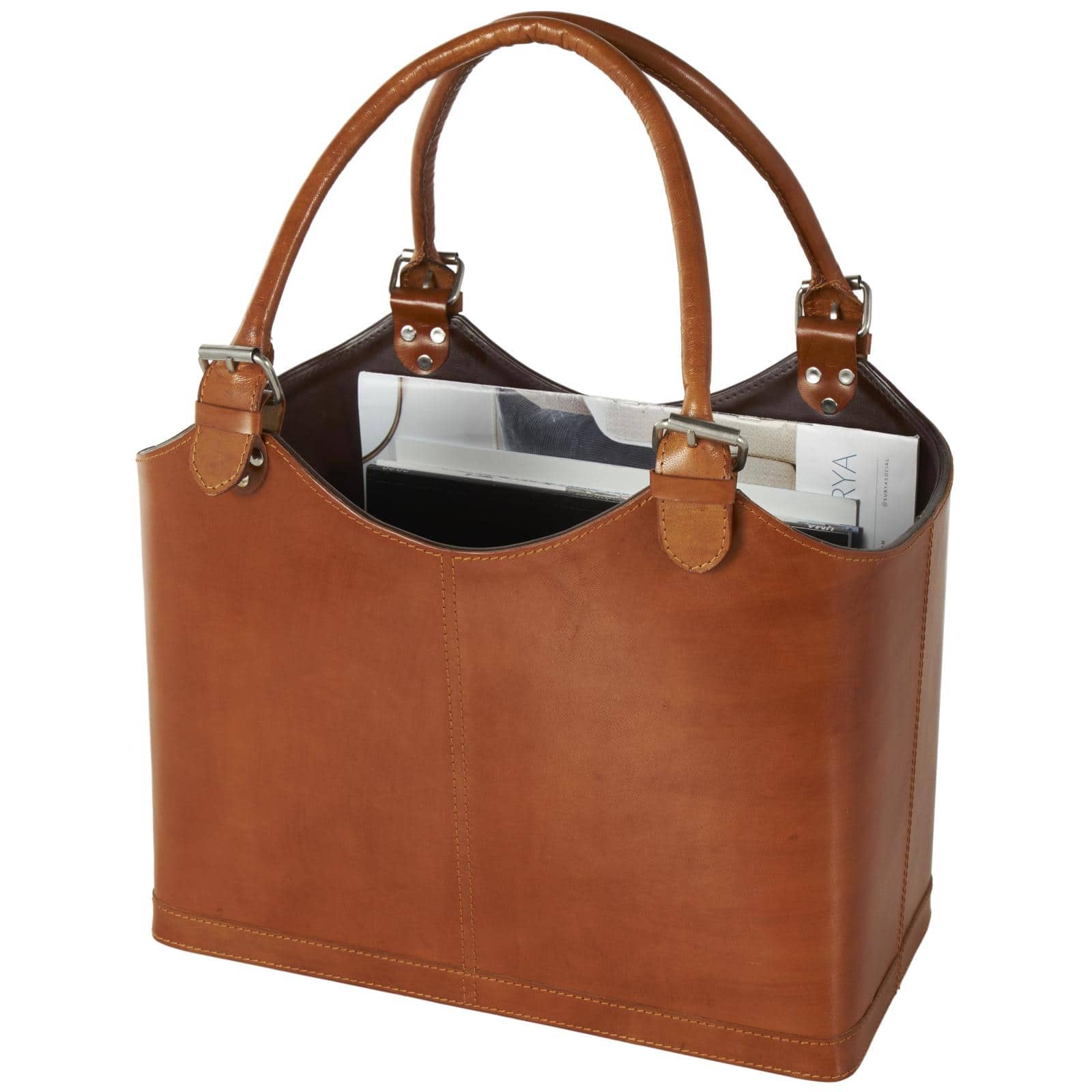 20" Brown Leather Handmade Box Style Single Slot Decorative Magazine Holder with Curved Buckle Handles