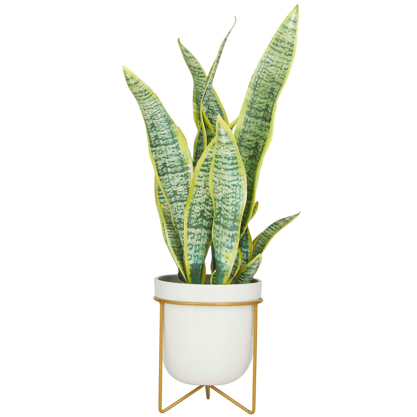 25" Green Snake Faux Foliage Artificial Plant with White Porcelain Pot and Gold Stand