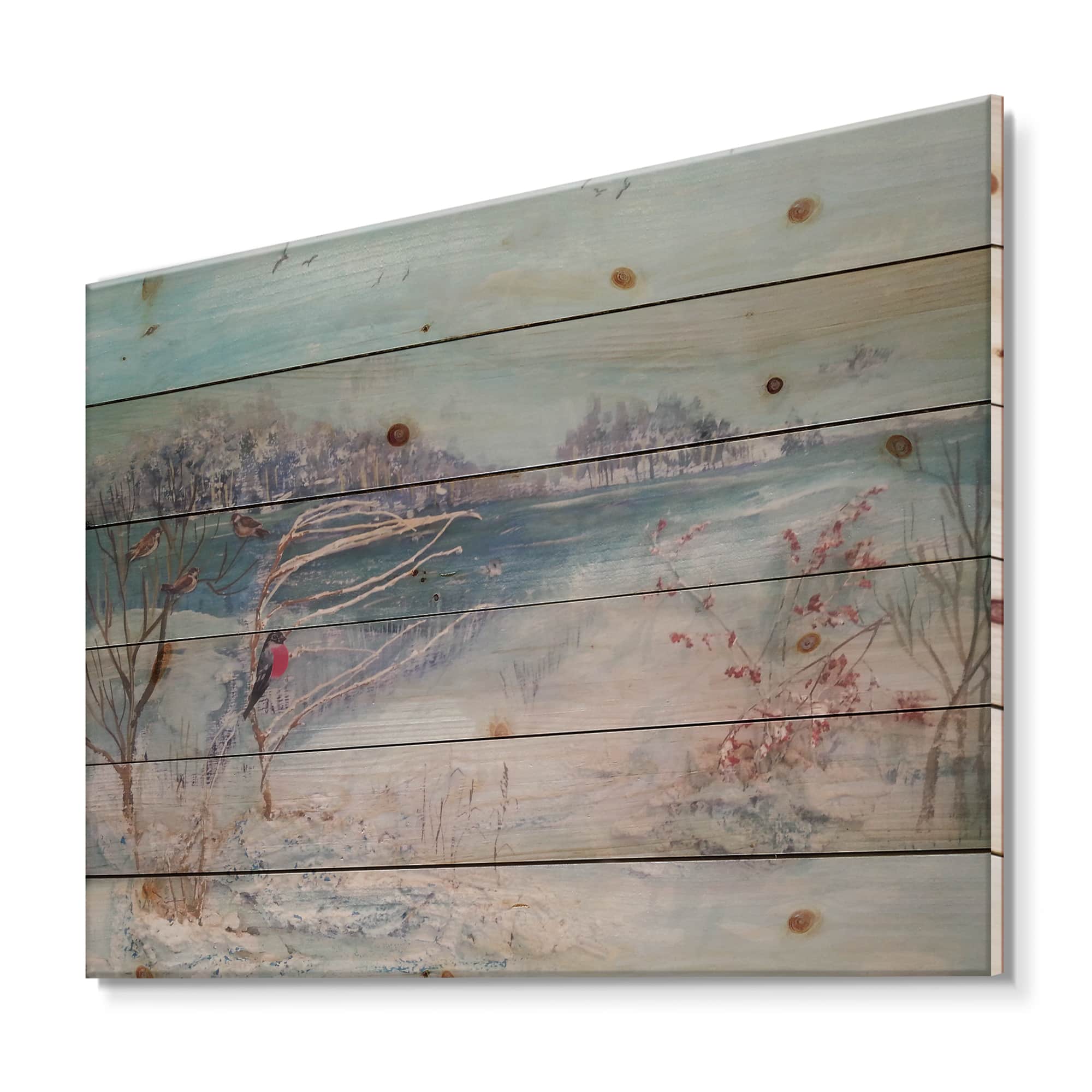 Designart - Winter Trees River and Birds