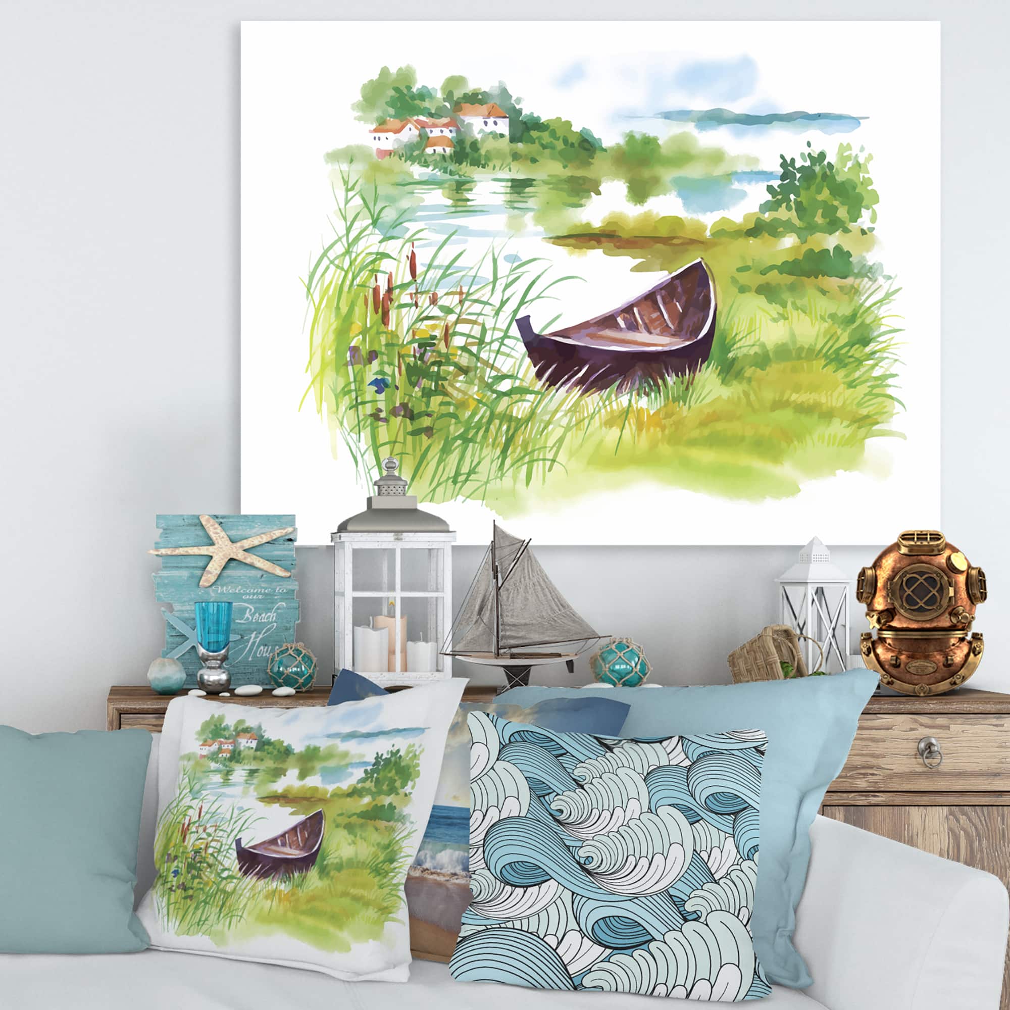 Designart - Rural Green Landscape With Boat - Lake House Canvas Wall Art Print