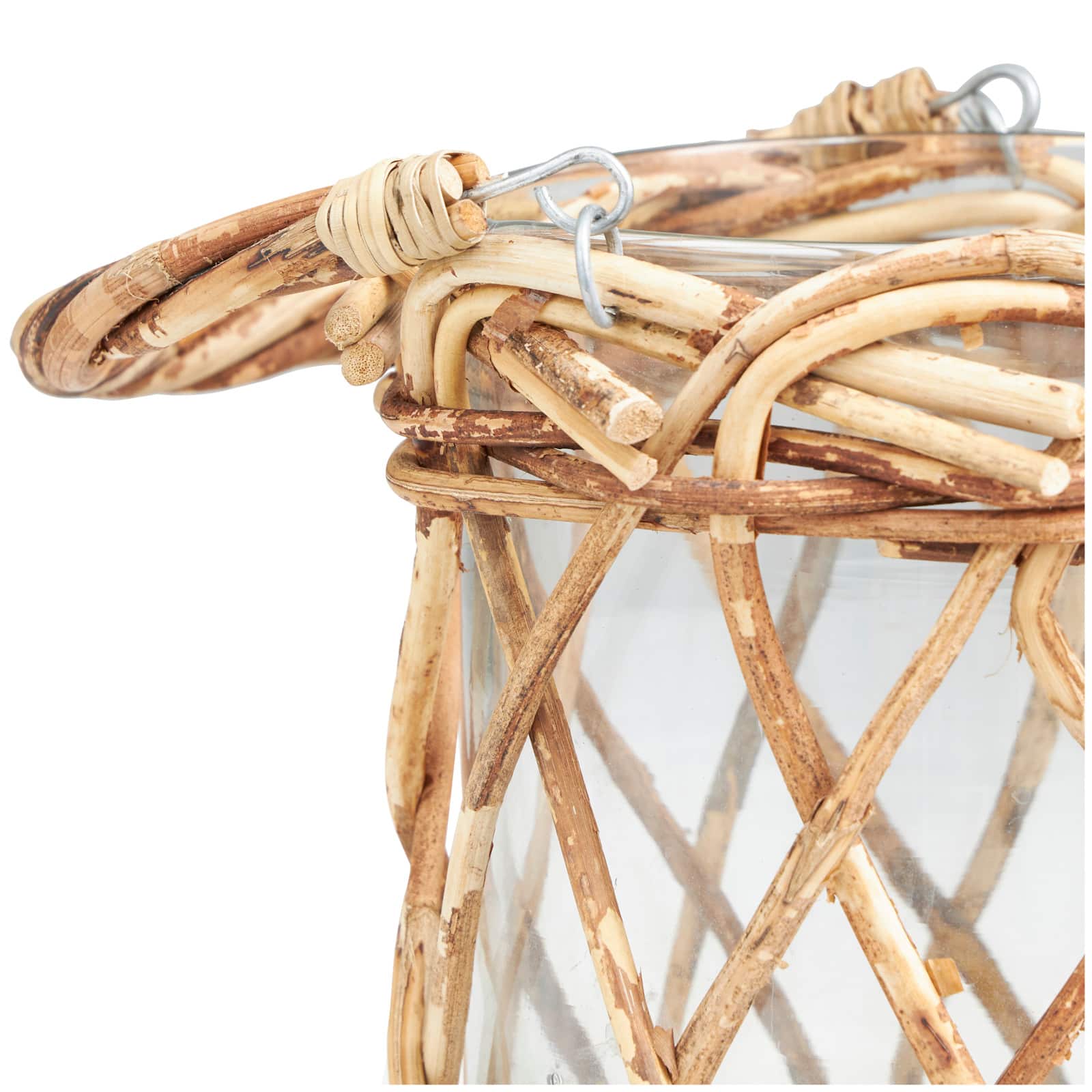 9" Clear Glass Handmade Candle Lantern with Brown Rattan Woven Exterior & Twisted Handle