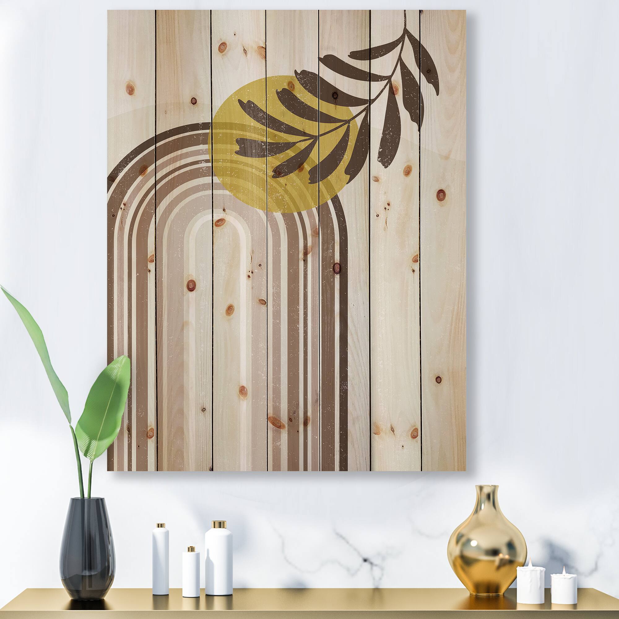 Designart - Abstract Sun and Moon With Leaf In Earth Tones