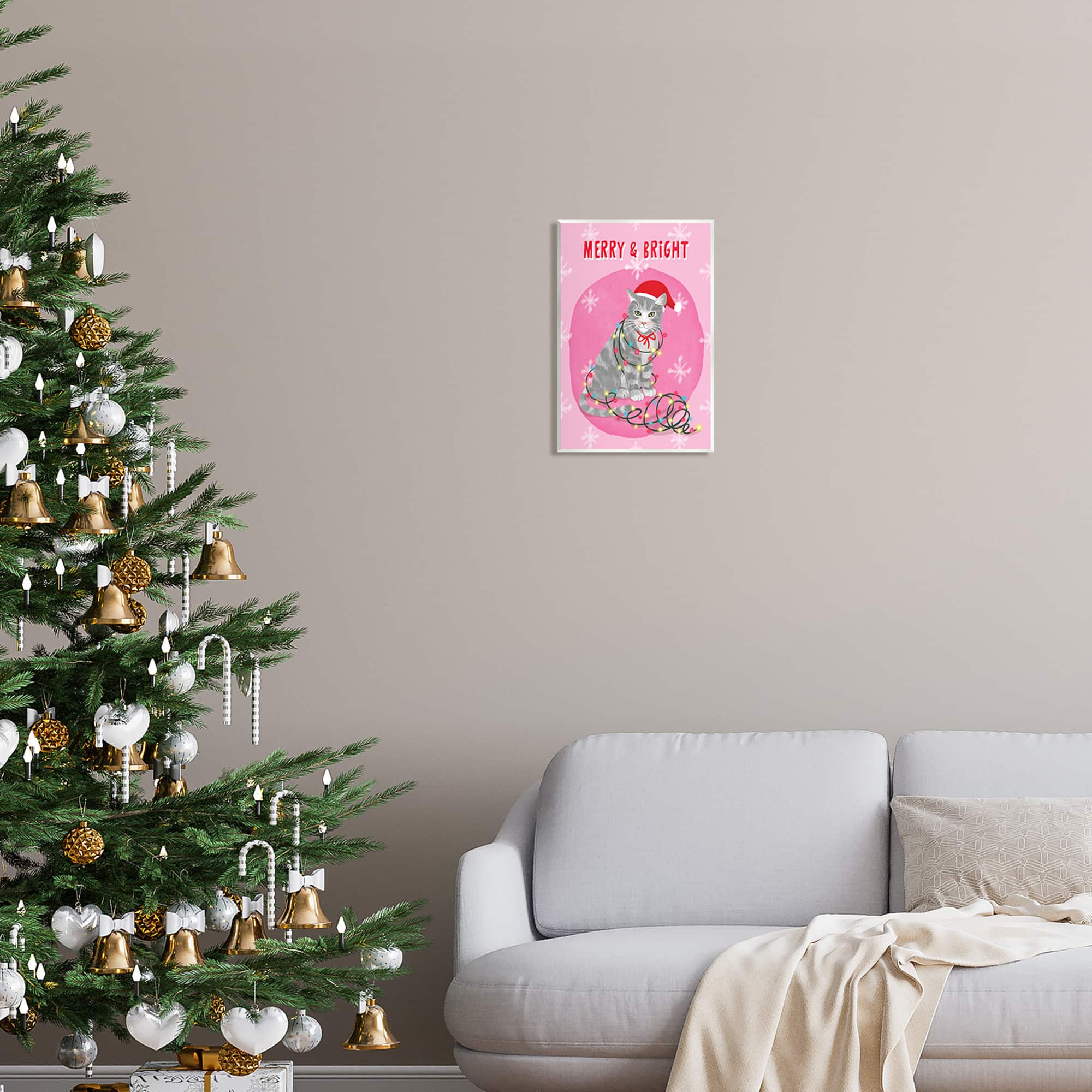 Stupell Industries Merry & Bright Christmas Cat Wall Plaque Art