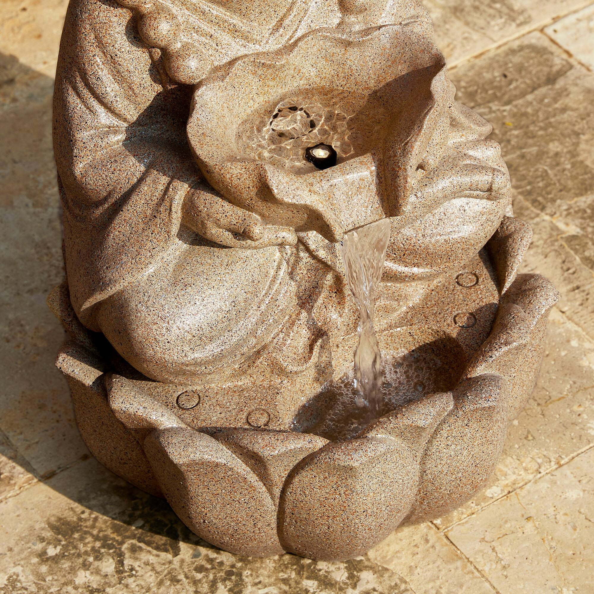 Glitzhome® 21.75" Sand Beige Zen-Style LED 2-Tier Frog Outdoor Fountain