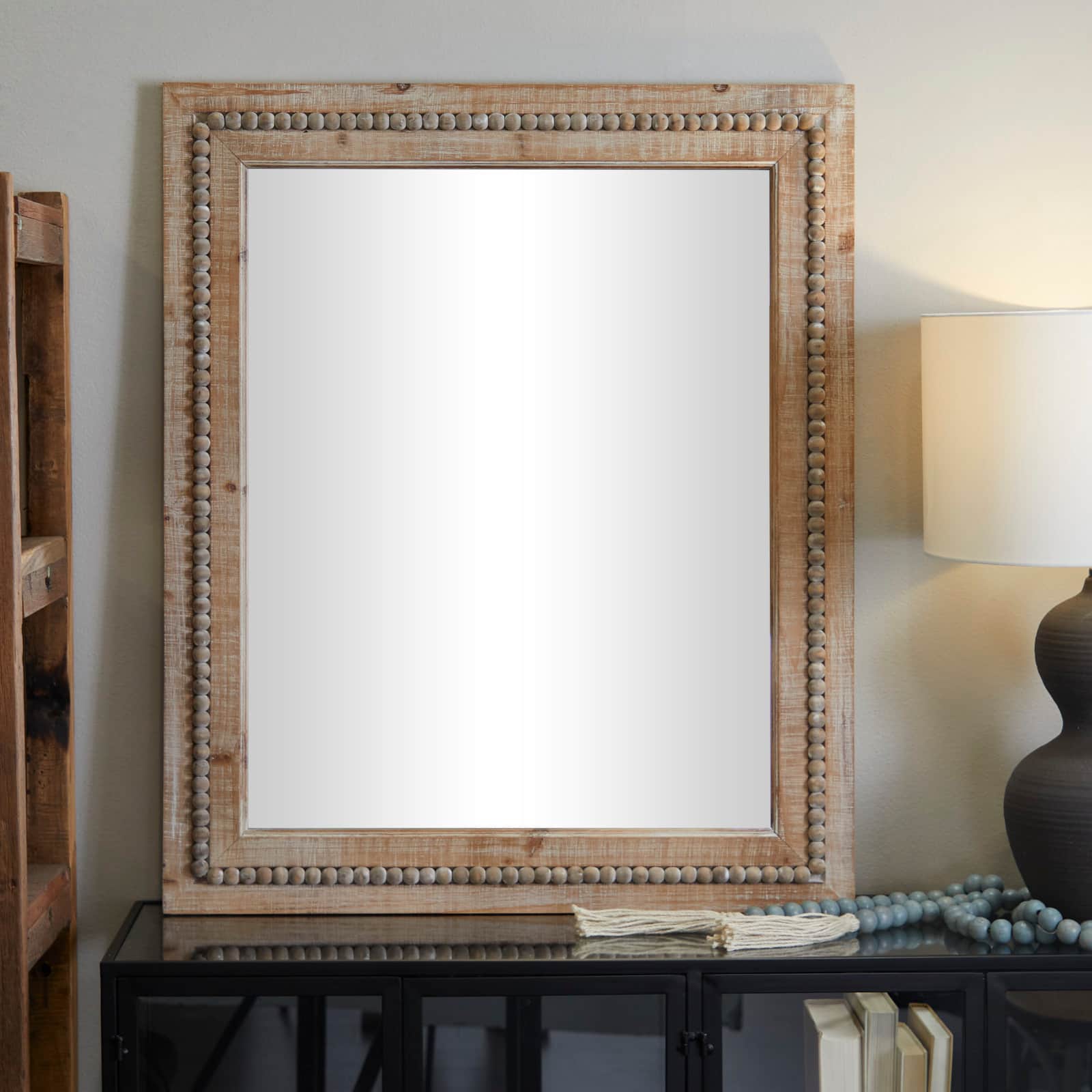 Brown Wood Beaded Frame Wall Mirror with Distressing 30" x 1" x 36"